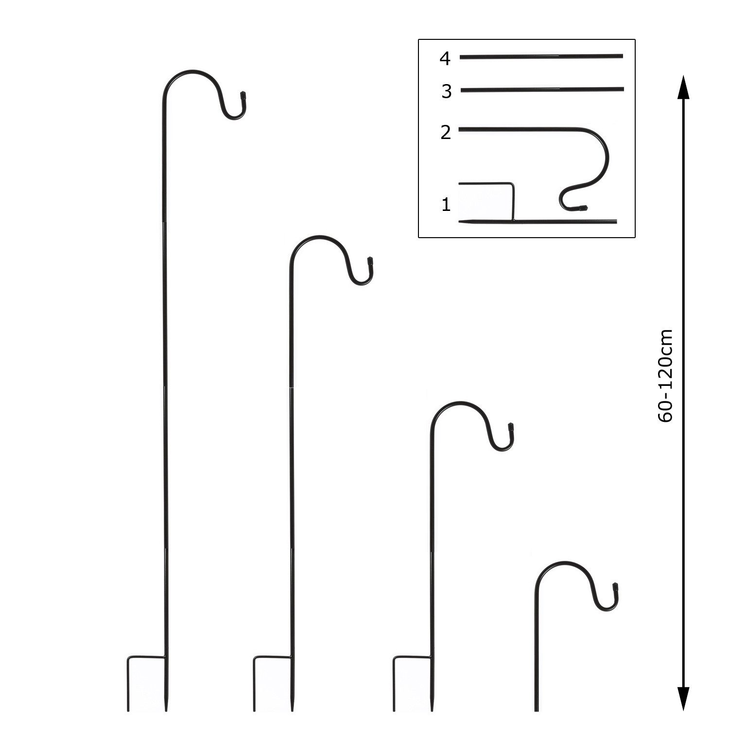 MARELIDA Gartenstecker Gartenspieß für Laternen Leuchten Gartendeko 60-120cm Schäferhaken 4St (4-St)