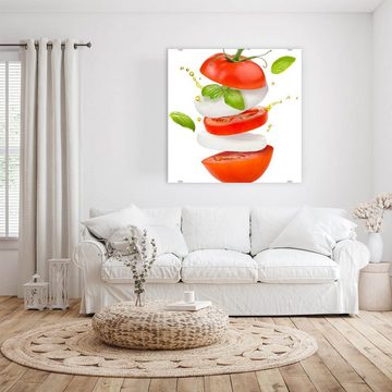 Primedeco Glasbild Wandbild Quadratisch Tomaten Mozzarella Schnitze mit Aufhängung, Gemüse