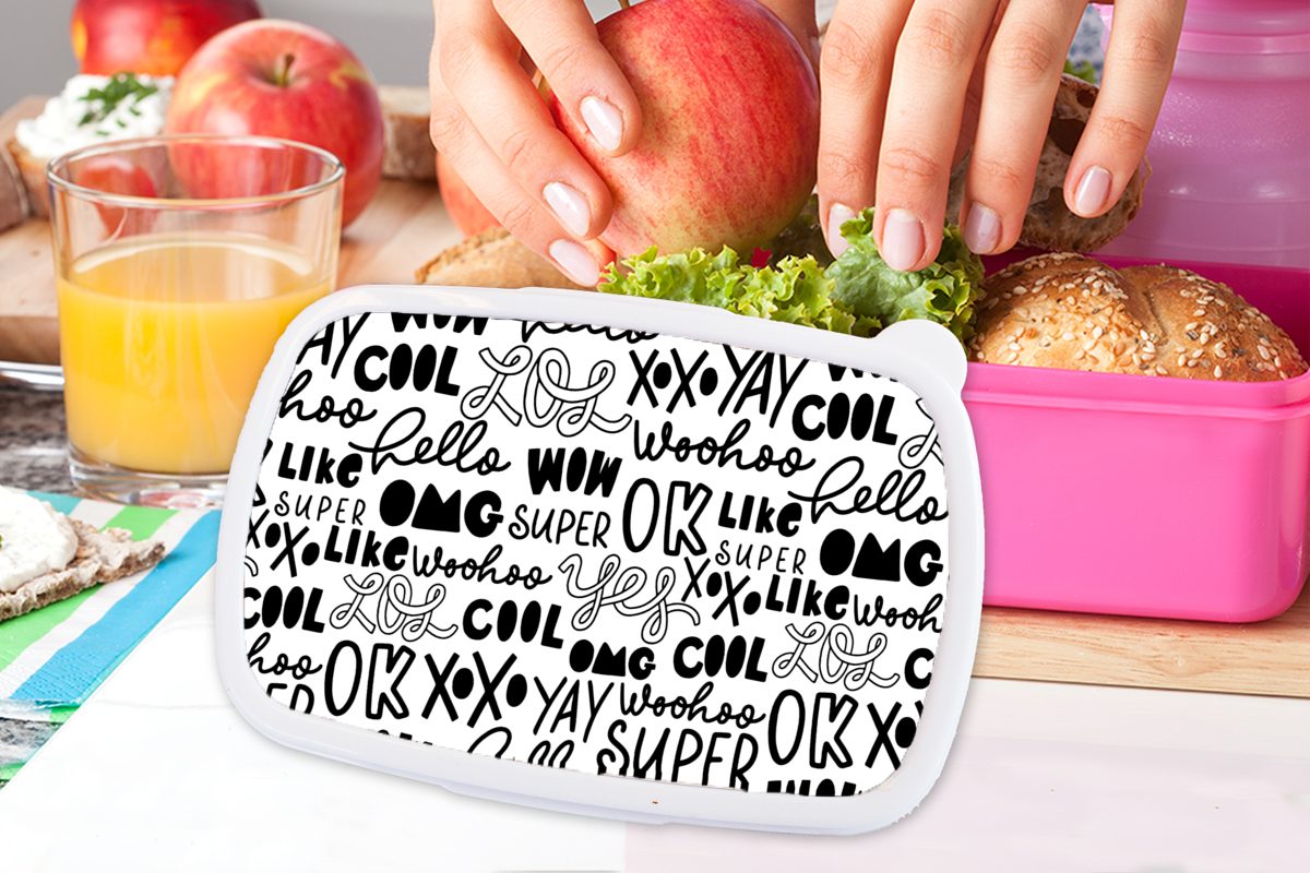 MuchoWow Lunchbox Muster - Teenager (2-tlg), Briefe, rosa Zitate - - Mädchen, für Kunststoff Kinder, Brotdose Kunststoff, Erwachsene, Brotbox Snackbox