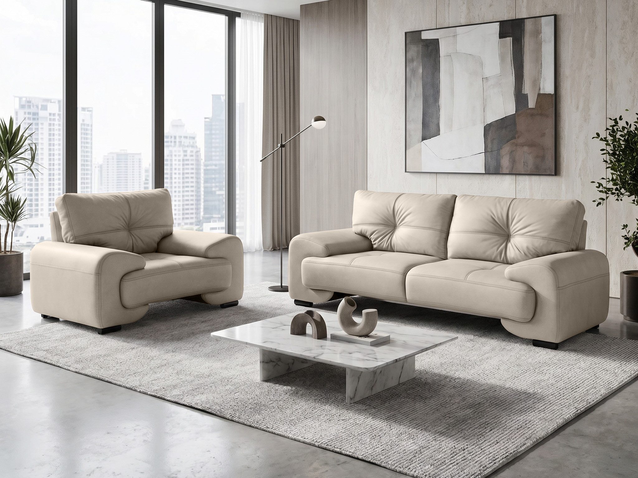 Beautysofa Polstergarnitur OMEGA 3+1 Sofa Set Wohnzimmer Garnitur Kunstleder Couchgarnitur, (modern klassisch bequem, 3-Sitzer Big-Sofa mit Sessel), verschiedene Farben