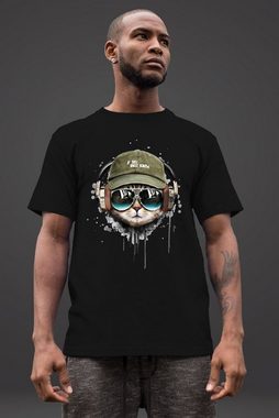 Neverless Print-Shirt Herren T-Shirt Katzen-Motiv cool Kopfhörer Musik Fashion Streetstyle Neverless® mit Print
