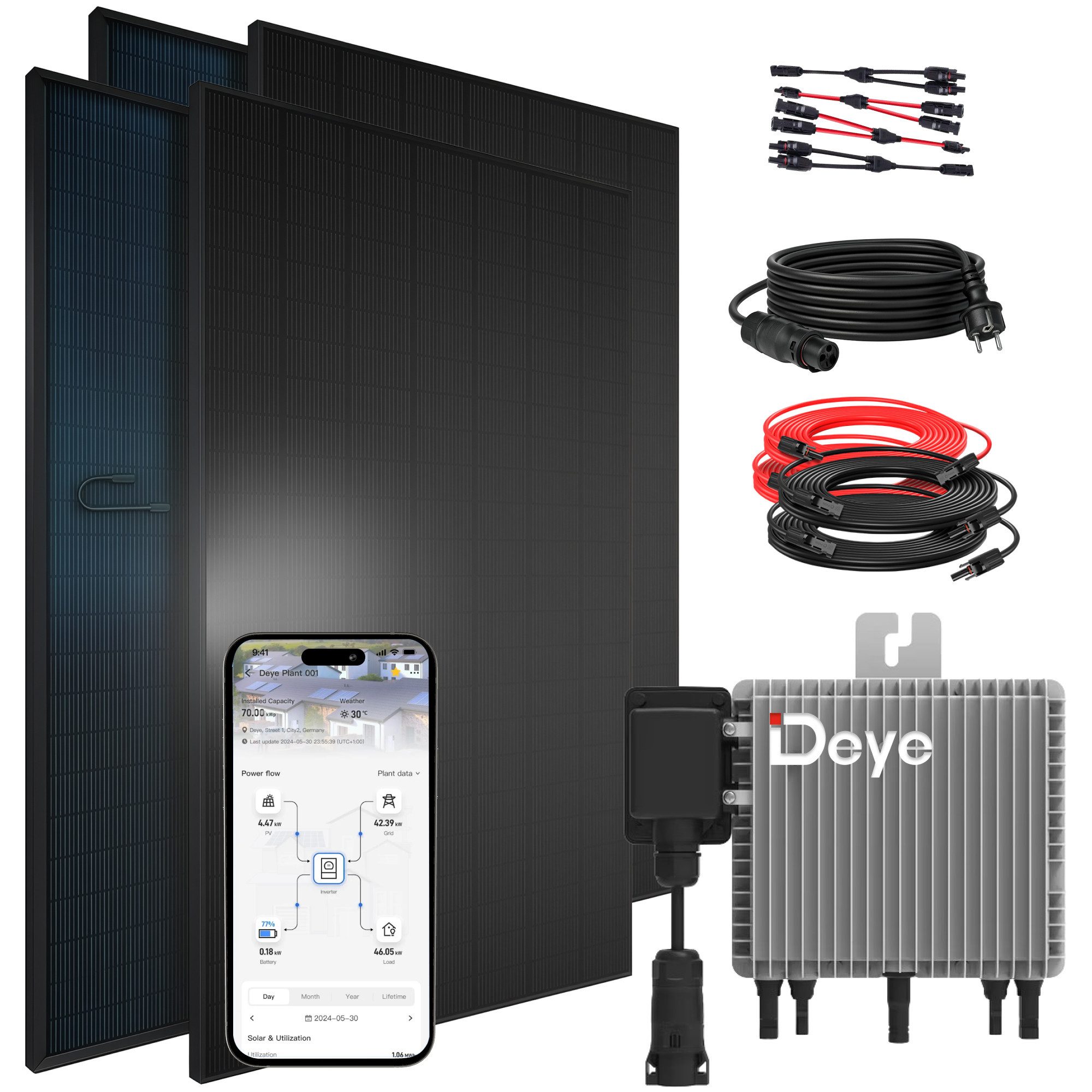 SUNNIVA Balkonkraftwerk 1840W BIFAZIAL FULLBLACK komplett Steckdose, (DEYE 800W Wechselrichter, PV Solaranlage, 4x 460W Glas-Glas Solarmodule, inkl. 5m Kabel, Bluetooth WIFI, Komplettset)