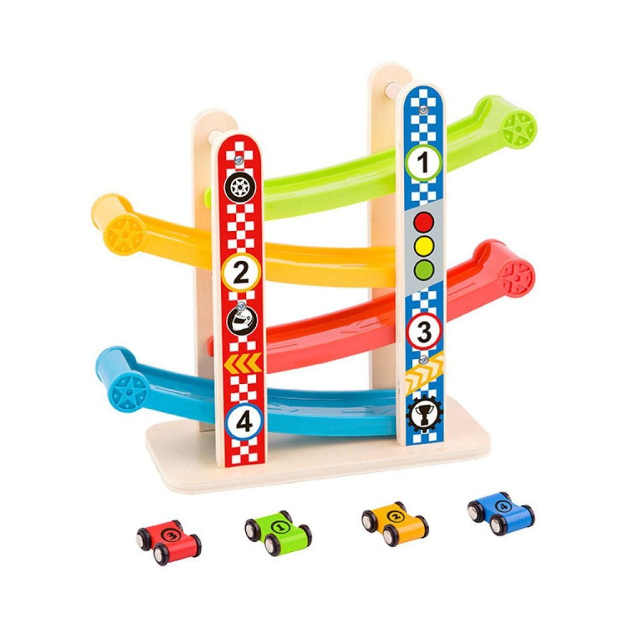 Tooky Toy Spielzeug-Auto Holzturm-Rennbahn TY840 klein, Kugelbahn auf 4 Ebenen 4 bunte Rennautos