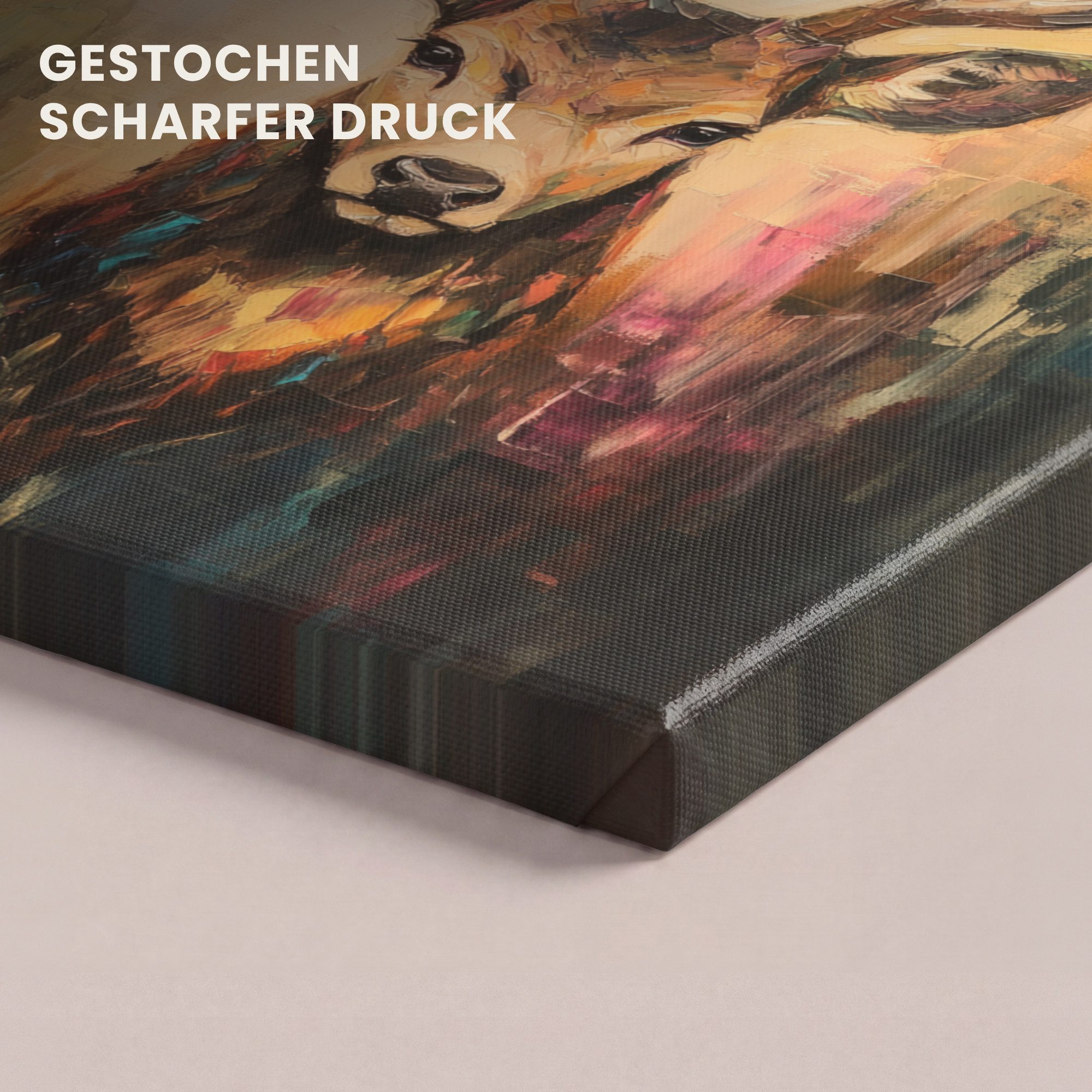 OneMillionCanvasses® Leinwandbild Hirsch - Gemalt - Geweih - Braun, Fotodruck (1 St), Wandbild, Deko Schlafzimmer Wohnzimmer Flur 20x20 cm – Bild 3 von 5
