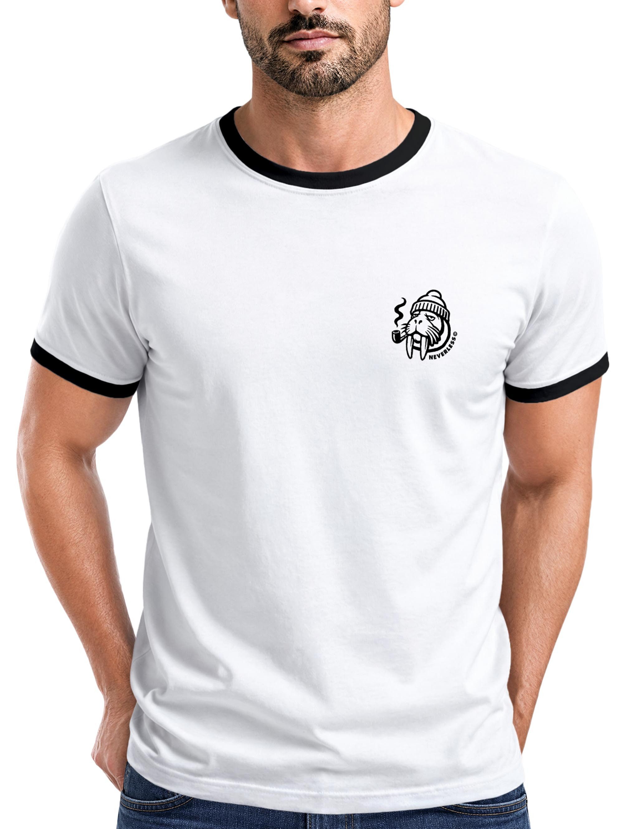 Neverless Print-Shirt Herren T-Shirt Retro Kontrastbund - Logo Design Walross - Printshirt mit Print