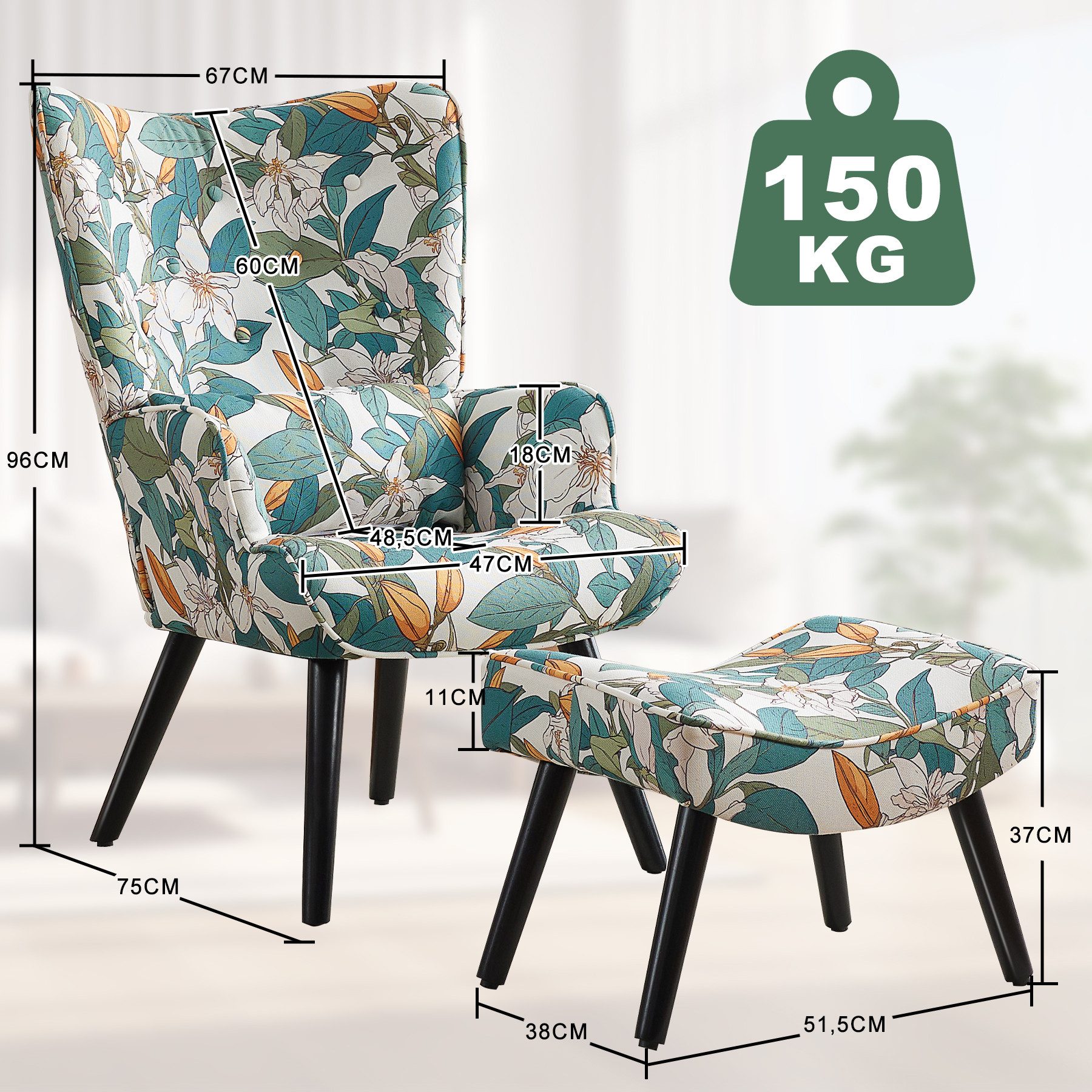 HomeMiYN Ohrensessel Relaxsessel Lehnstühle Patchwork Ohrensessel mit Hocker lesesessel, Chair