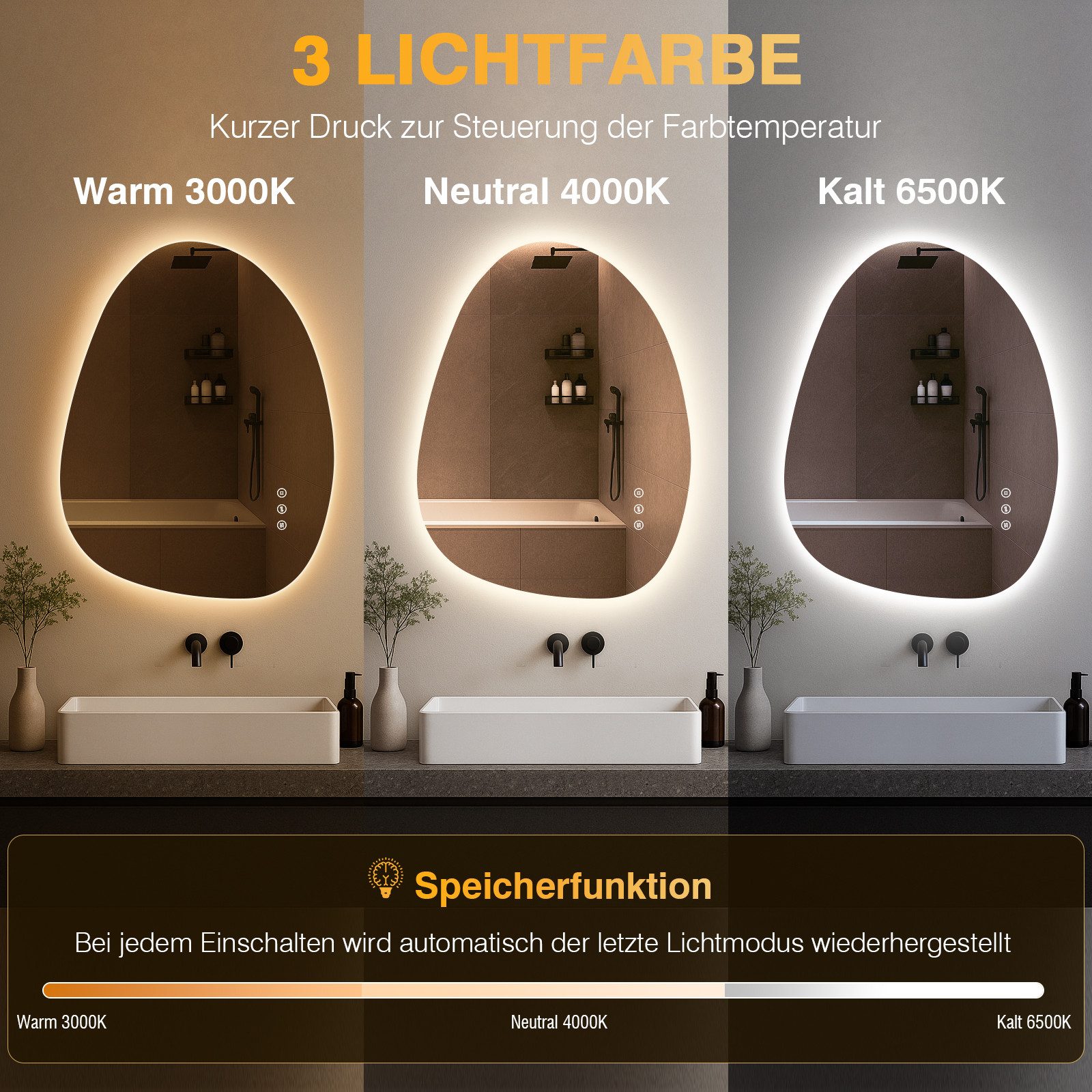 PESENXAN Badspiegel LED Badezimmerspiegel, Asymmetrischer LED-Spiegel, mit Memory-Funktion (1-St), 3 Lichtfarbe, Beschlagfrei, Dimmbar, 65x50cm