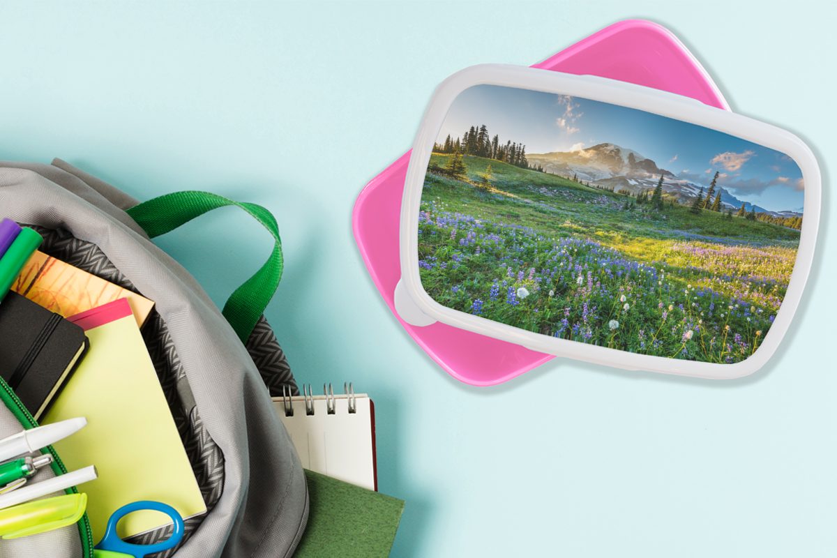 Frühling, Brotbox - Kunststoff für Kunststoff, MuchoWow Blumen Berg Snackbox, rosa Brotdose (2-tlg), Erwachsene, - Kinder, Lunchbox Mädchen,