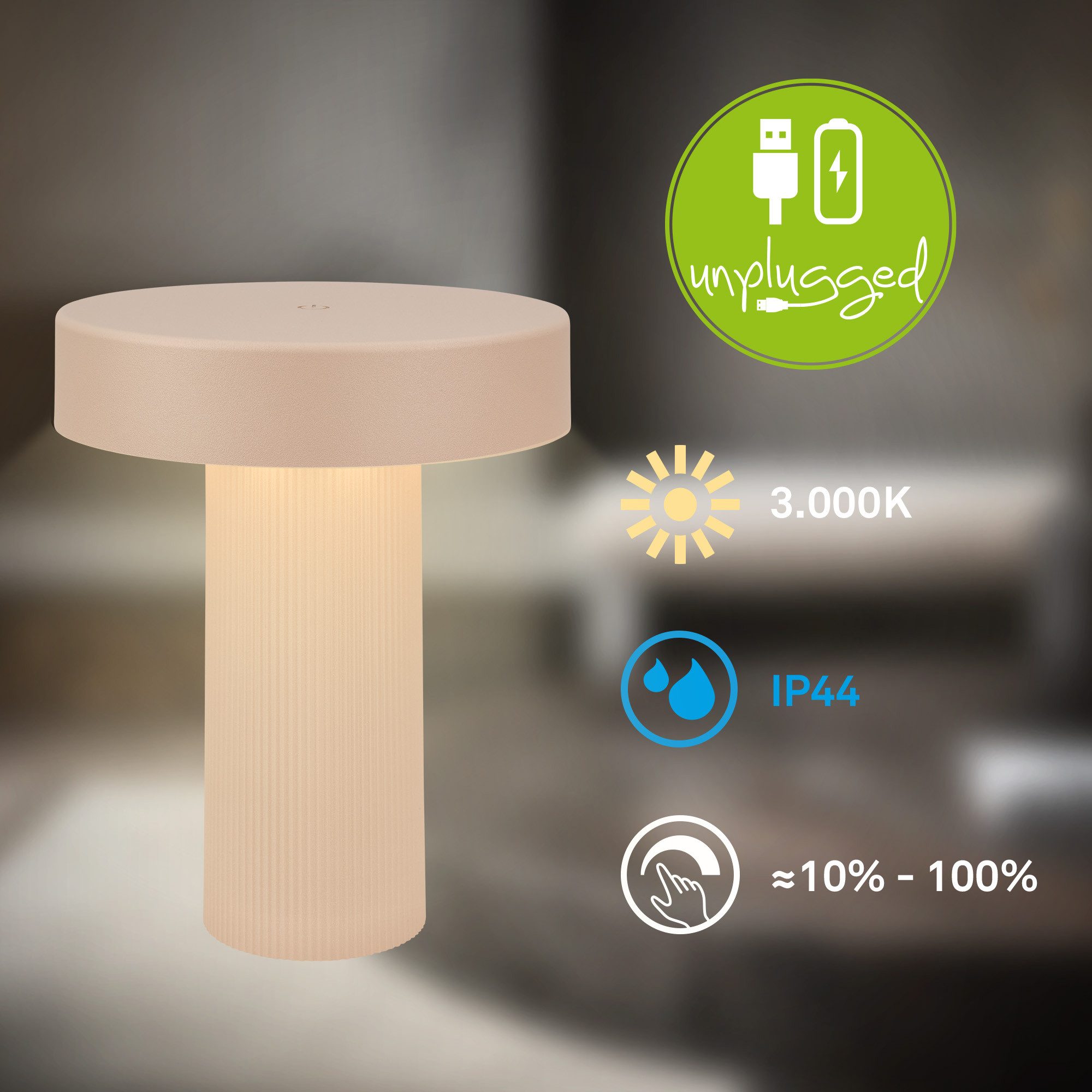 Briloner Leuchten LED Tischleuchte Tischlampe kabellos Akku USB-C dimmbar Touch, LED wechselbar, 2700K - Extra-Warmweiß, 16x20 cm, Akku tauschbar, Indoor/Outdoor, Wohnzimmer, Balkon