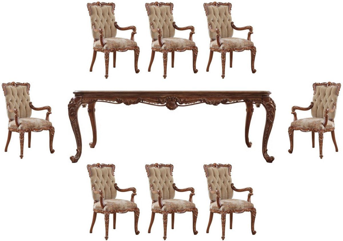 Casa Padrino Esszimmer-Set Luxus Barock Esszimmer Set Beige / Braun - 1 Barock Esstisch & 8 Barock Esszimmerstühle mit Armlehnen - Esszimmer Möbel im Barockstil - Edel & Prunkvoll