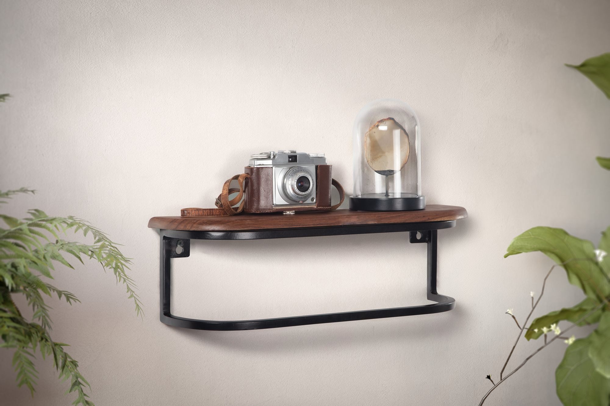 furnicato Bank Wandregal Massivholz, Walnuss Finish 50x15x13 cm Schwarz (1-St)