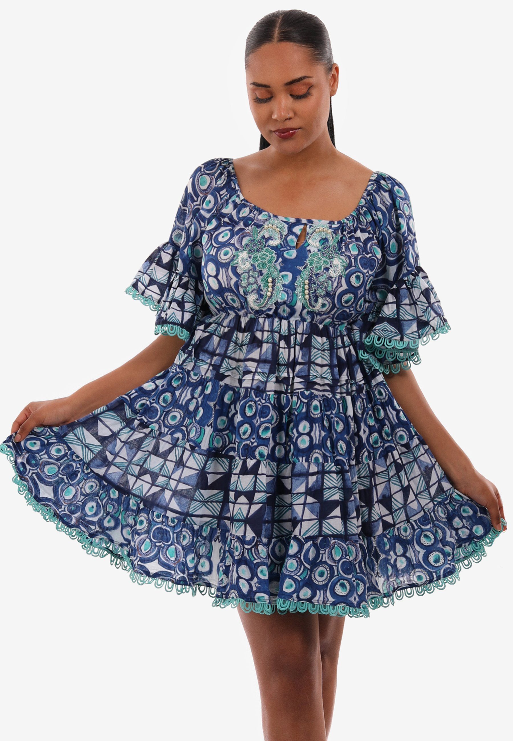 YC Fashion & Style Minikleid Damen Boho Tunika-Kleid aus Baumwolle mit  Carmen Ausschnitt mit Volant, allover Print, mit Alloverdruck