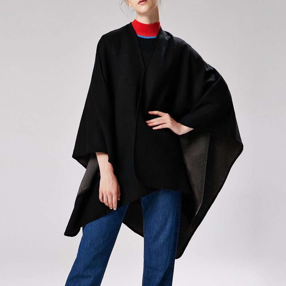 ManKle Modeschal Poncho für Schal Schwarz Damen, Langer Deckenstoffschaln, 130*150cm