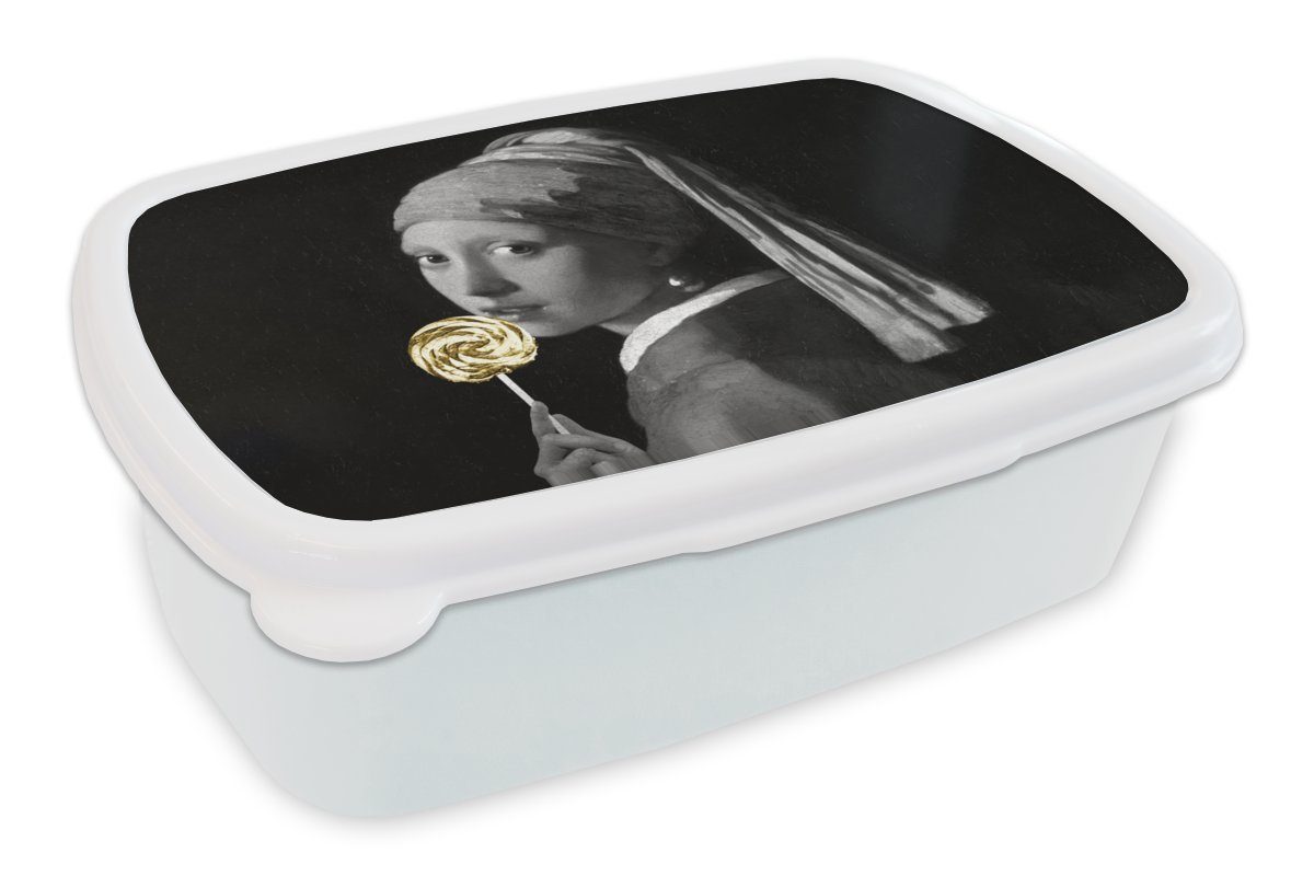 MuchoWow Lunchbox Mädchen mit Perlenohrring - Johannes Vermeer - Schwarz und weiß, Kunststoff, (2-tlg), Brotbox für Kinder und Erwachsene, Brotdose, für Jungs und Mädchen
