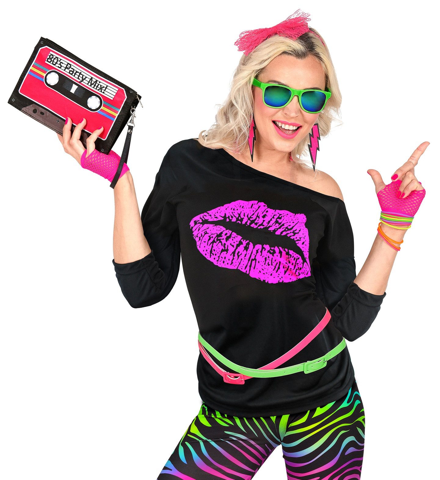 Kostüm 80er Jahre Shirt 'Kiss' für Damen, Schwarz Pink