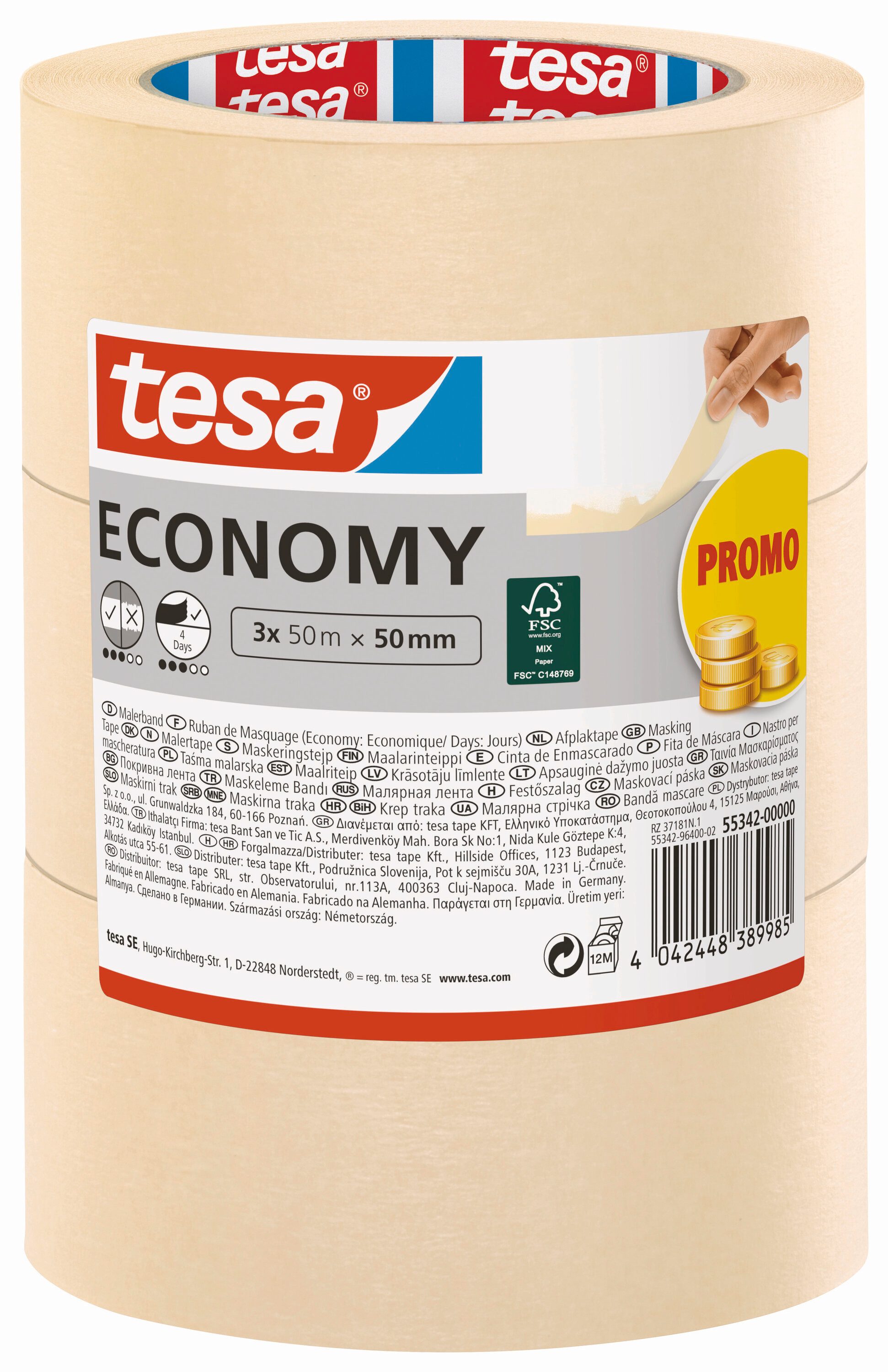 tesa Kreppband ECONOMY Malerband (Spar-Set, 3-St) Abklebeband / Malerkrepp - für sauberes Streichen & Renovieren