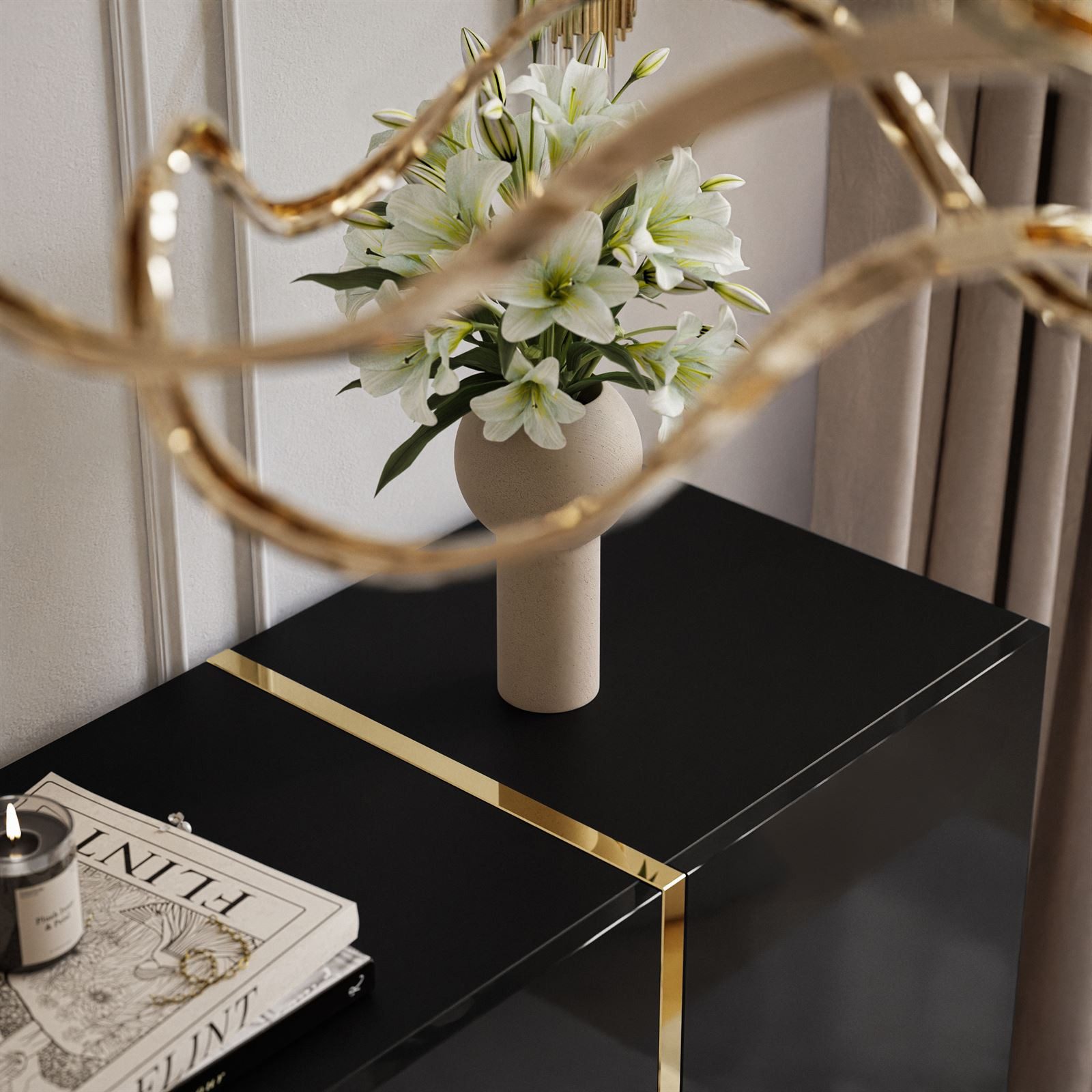 yourhouse24 Kommode ONYX goldenen Beinen Sideboard Hochglanz Push-Open / Goldgriffe 158 cm