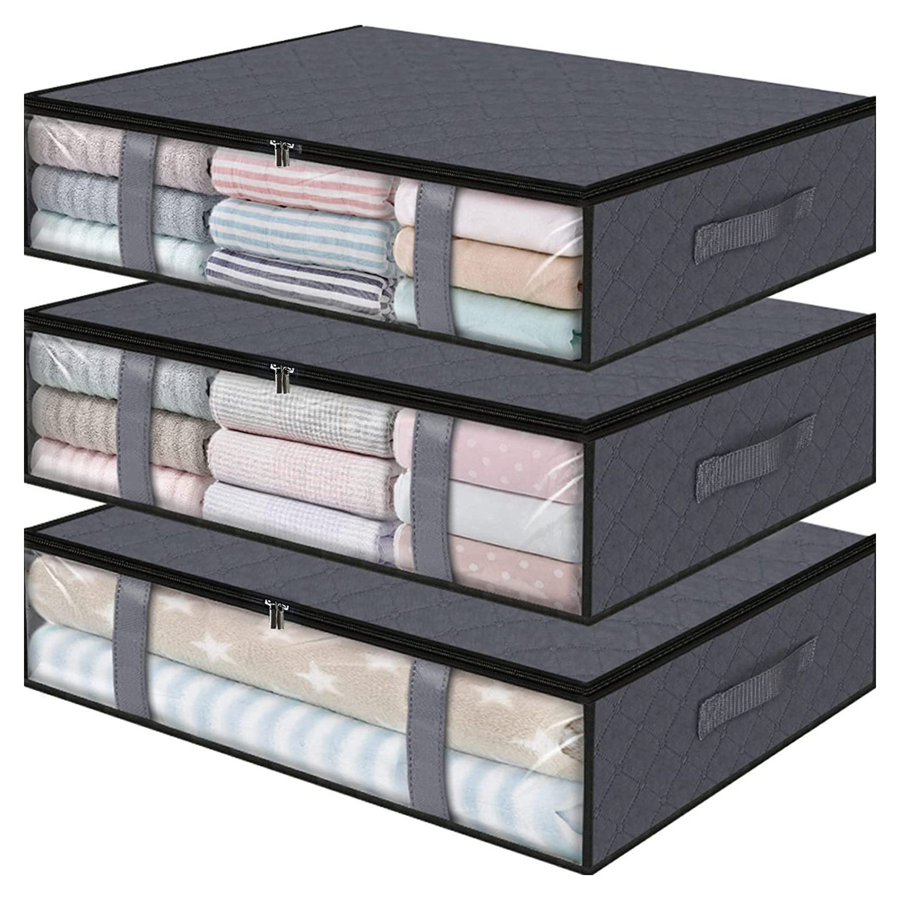 Mutig Unterbettkommode 40L Aufbewahrungstasche, 3 Stück Aufbewahrungsbox mit Deckel Große (Kleider Aufbewahrung Umzugskartons, Faltbare Unterbett Kleiderschrank für Kleidung Bettdecken & Bettwäsche), Unterbettkommode mit Tragegriffen&Doppelreißverschluss,60 × 45 × 15 cm