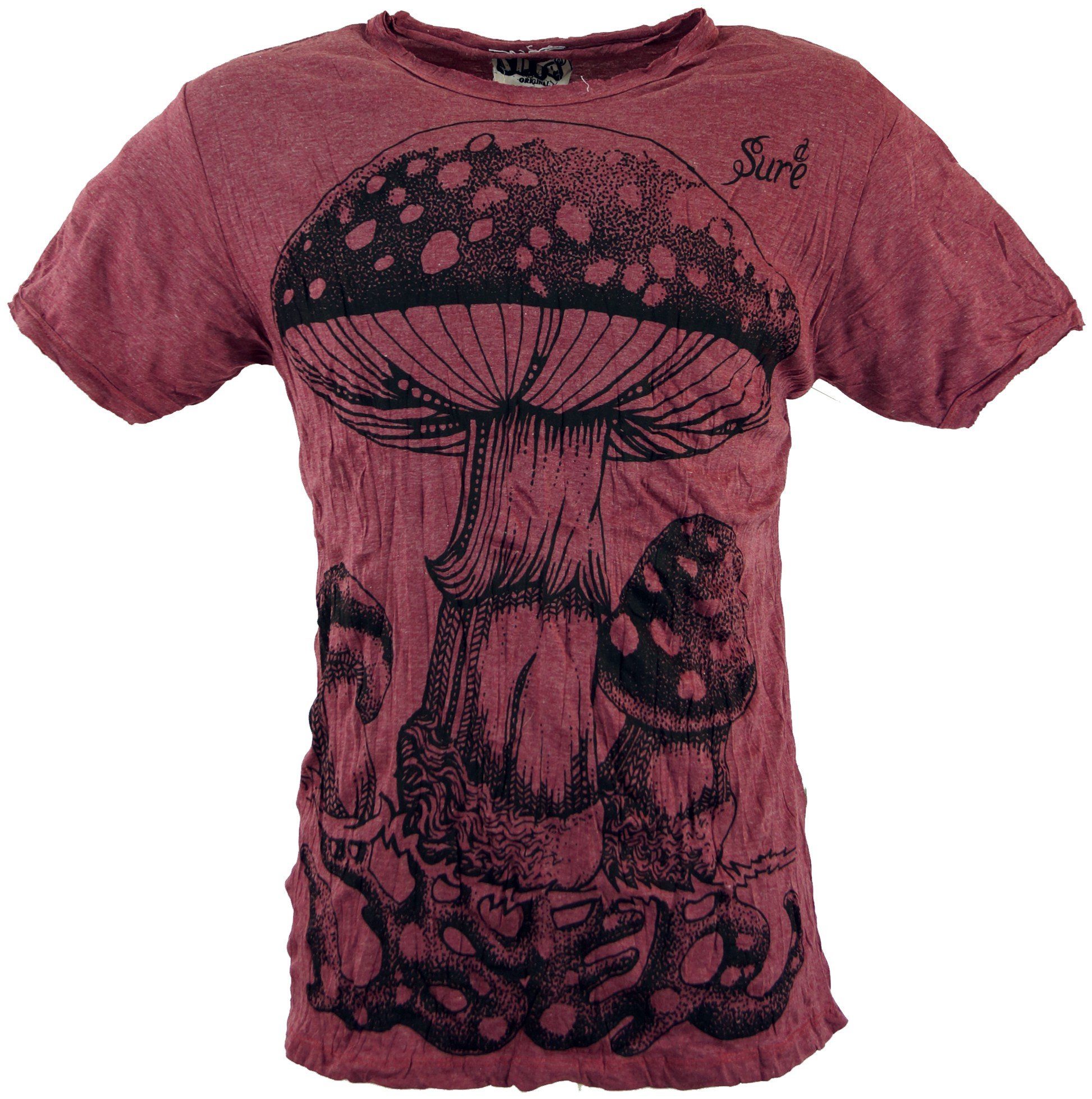 Guru-Shop T-Shirt Sure T-Shirt Fliegenpilz - bordeaux Goa Style, Festival, alternative Bekleidung | T-Shirts