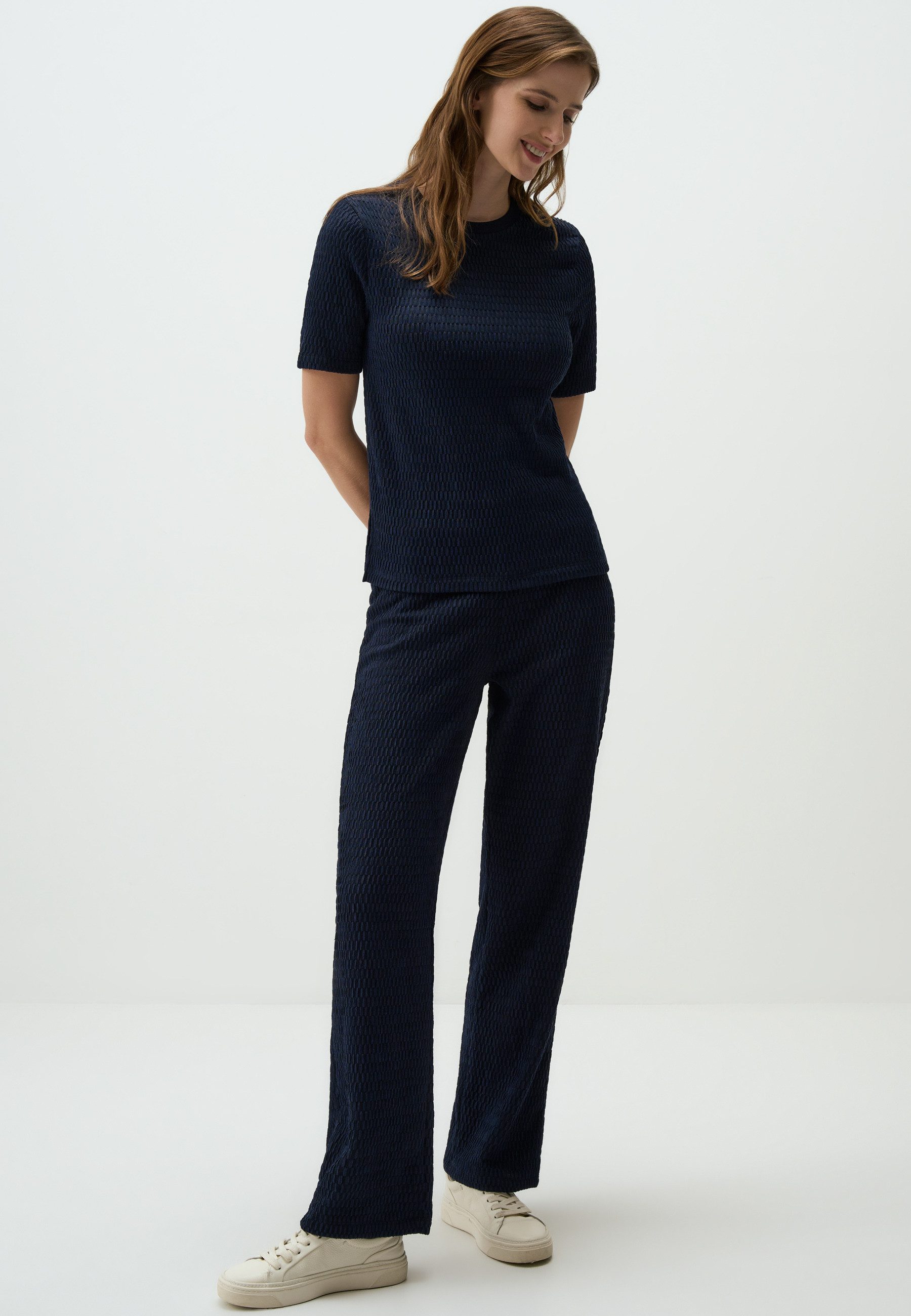 Strickhose Marineblaue Strukturierte Hose Mit Weitem Bein