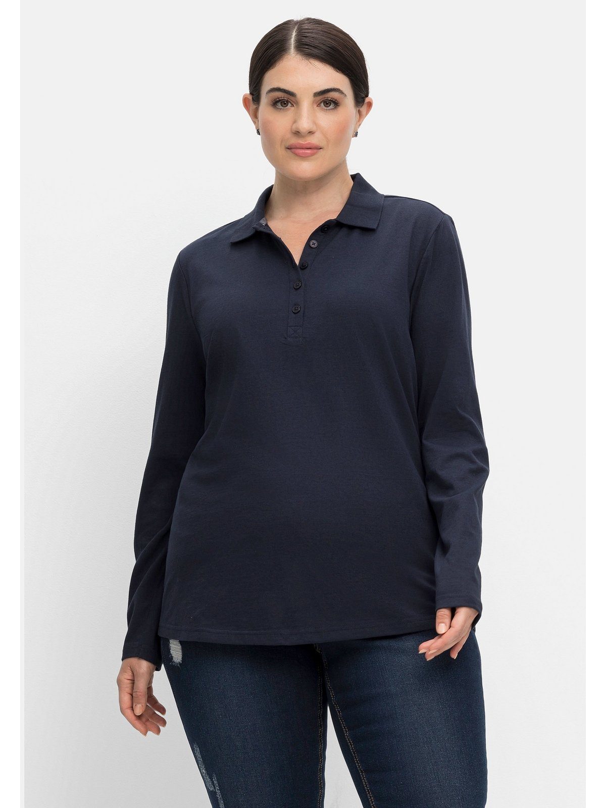 Sheego Langarmshirt Große Größen mit kurzer Knopfleiste, in feiner Melange nachtblau meliert | V-Shirts