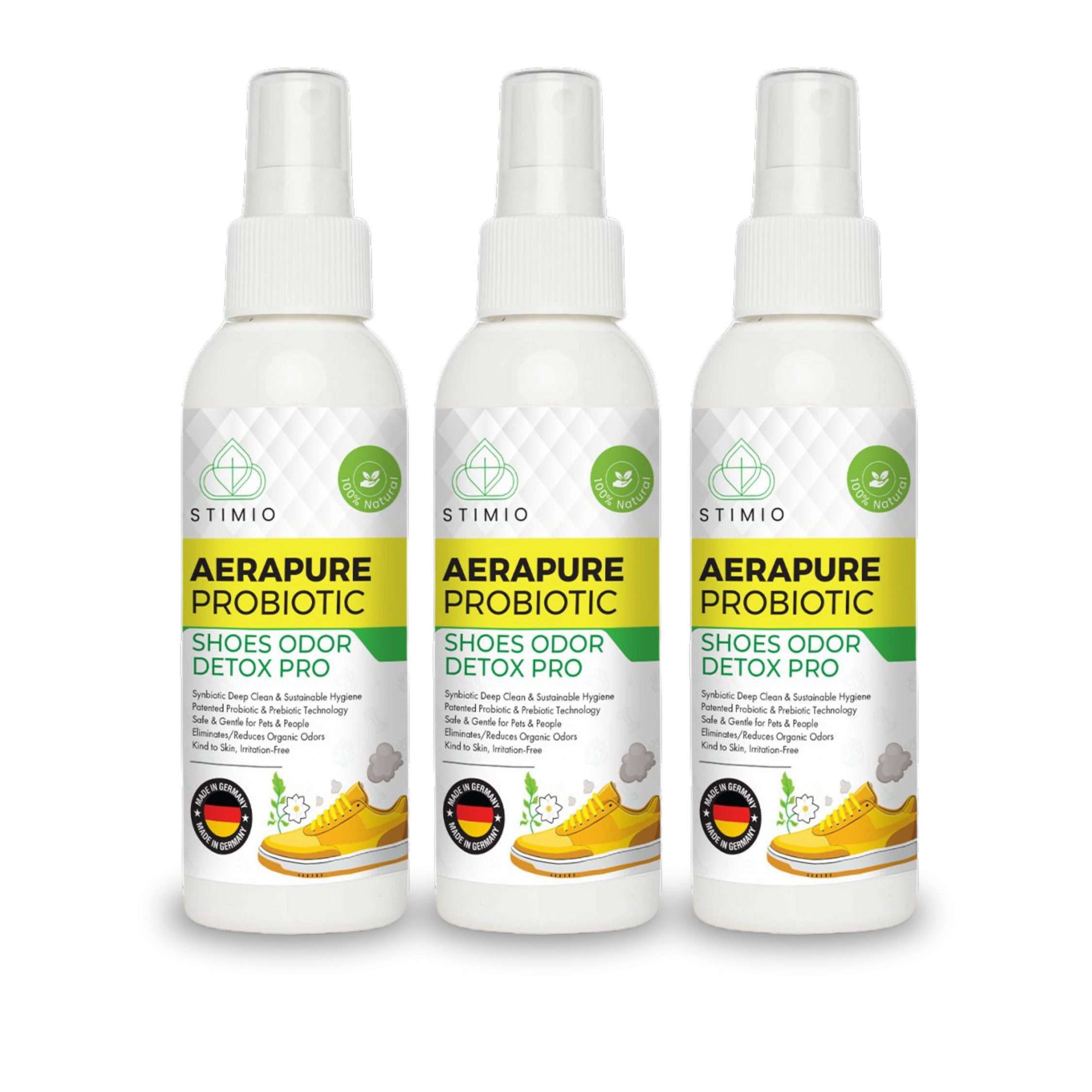 Stimio Geruchsentferner Innovatives Schuhdeo Spray Bio (1 Flasche, 3-St., Geruchsneutralisierer Schuhe, Probiotisch, ohne Chemie, antiallergen), natürlich und effektiv gegen Fuß- & Schuhgeruch, auch für Schuhschrank
