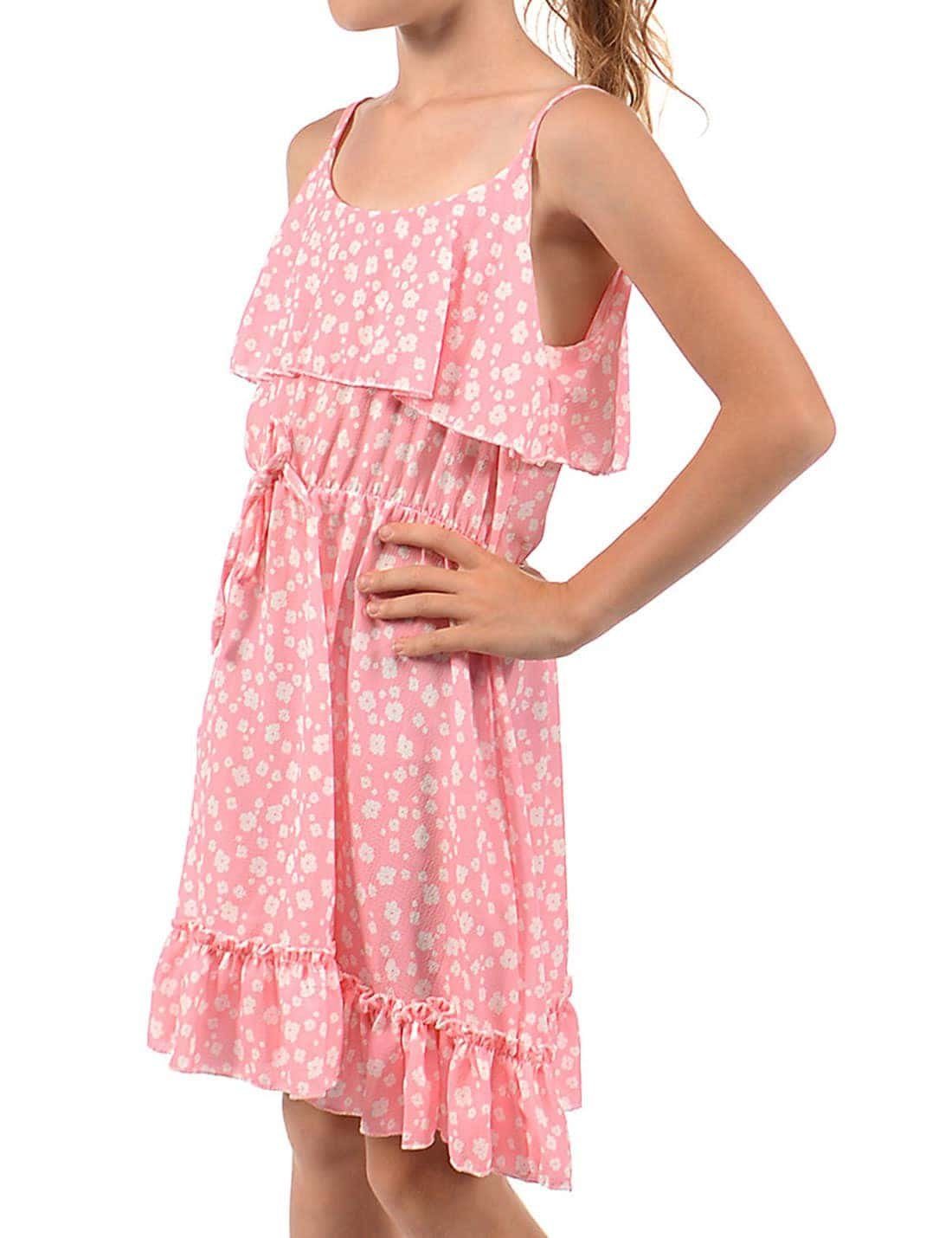 Rosa tragen zu (1-tlg) KMISSO Volant Kleid bequem Mädchen und Jerseykleid Spaghettiträger