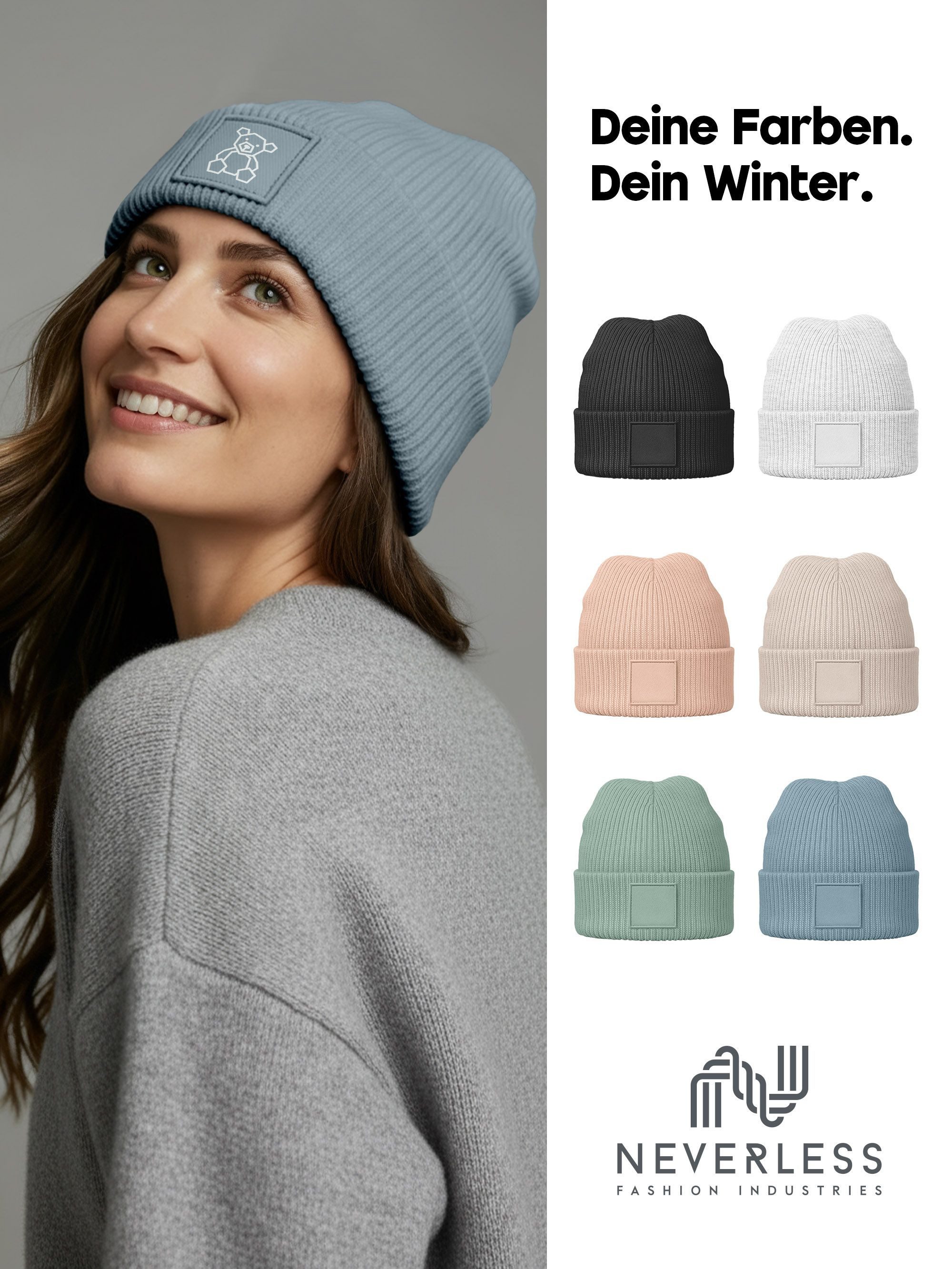 Neverless Strickmütze Damen Beanie Patch Polygon Teddy Bär Aufdruck Print Wintermütze