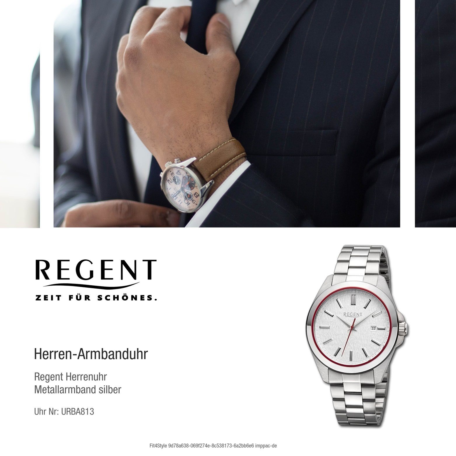 Regent Quarzuhr Regent Herren Armbanduhr (ca. Herrenuhr silber, groß 41mm) Gehäuse, rundes Metallarmband extra Analog