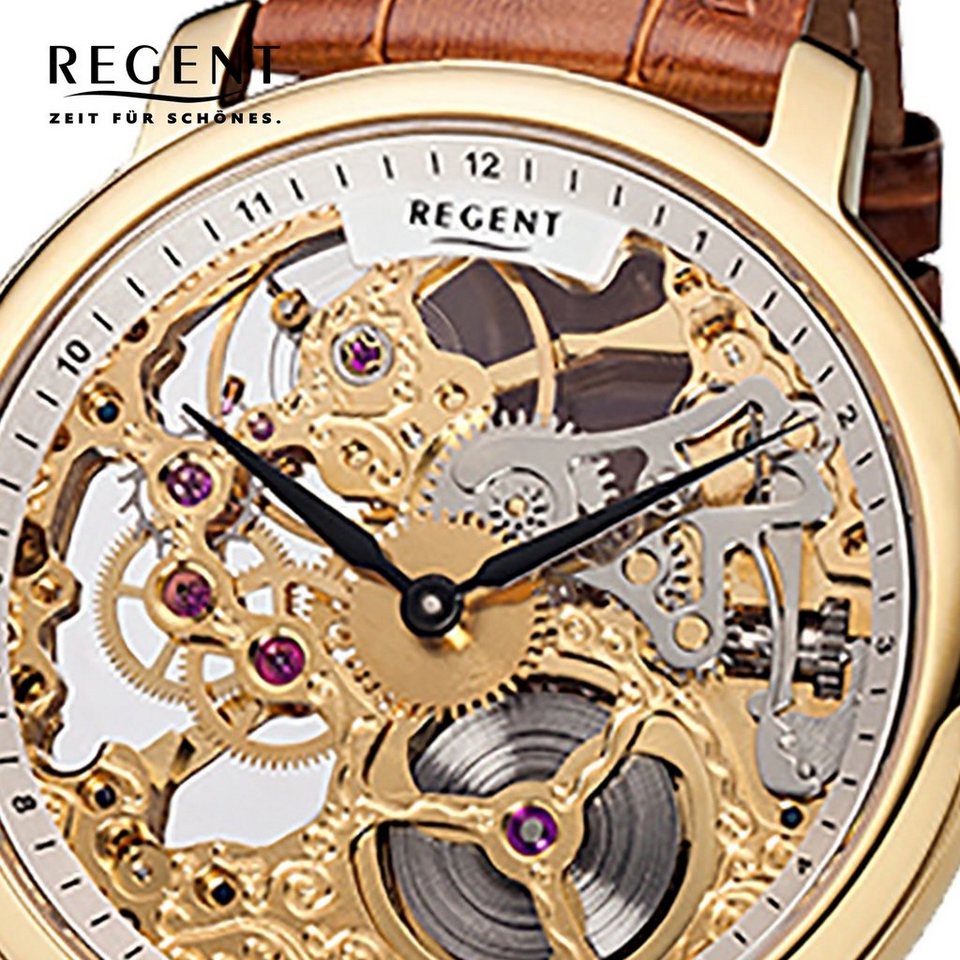 Regent Quarzuhr Regent Herren Uhr GM-1461 Leder, Herren Armbanduhr rund,  groß (ca. 45mm), Lederarmband, Made in Germany mit Gehäuseboden aus  Mineralglas und Skelettwerk