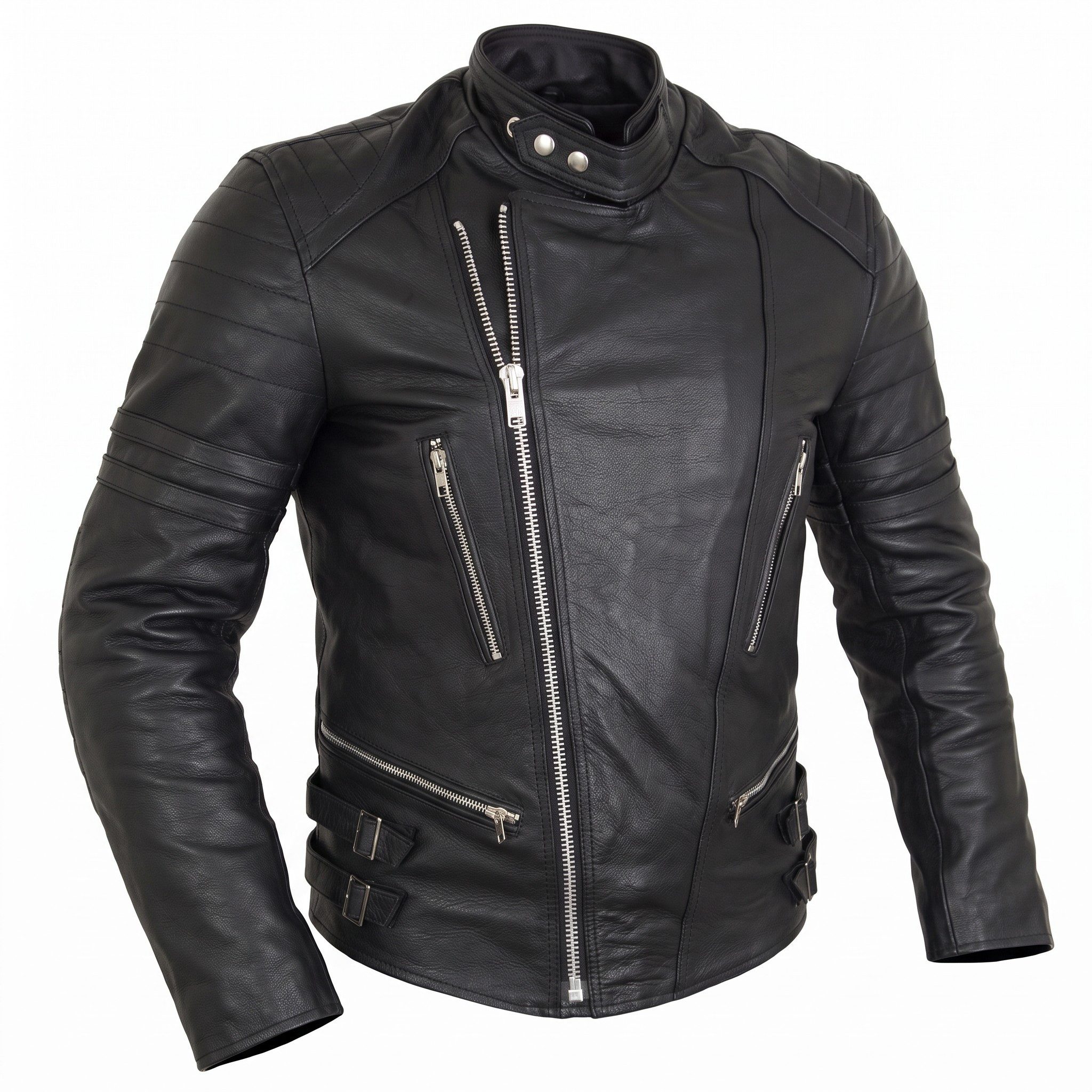 MDM Motorradjacke Retro Herren Motorrad Lederjacke in Schwarz mit Protektoren Retro Stil