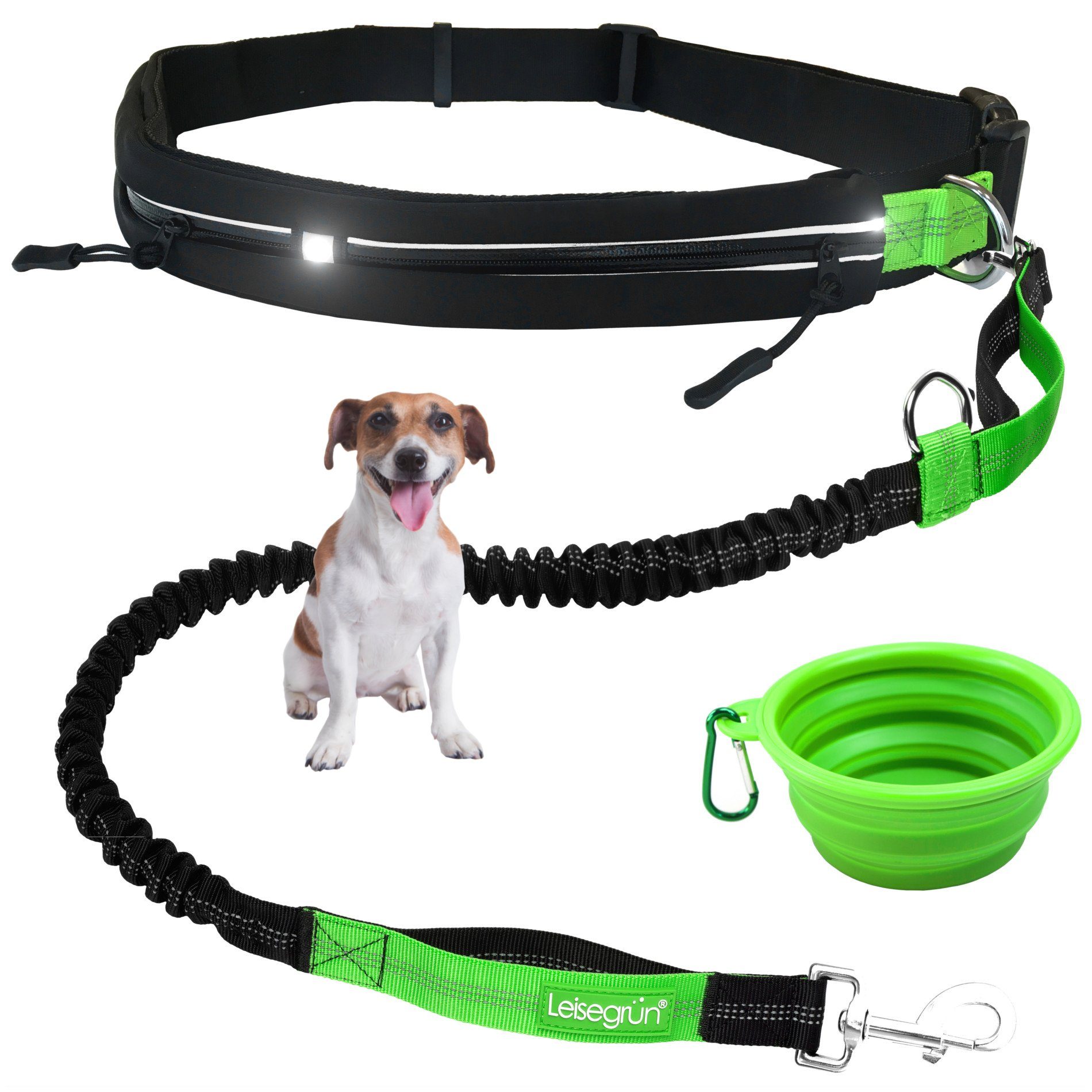 Leisegrün Joggingleine mit Bauchgurt für kleine Hunde, elastisch, Nylon, Laufleine, Freihandleine, Ruckdämpfer, reflektierend, 2 Taschen