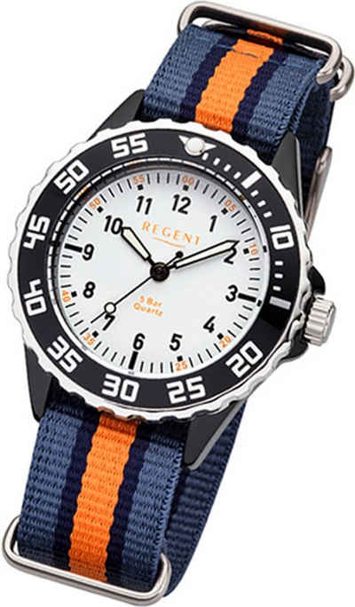 Regent Quarzuhr Regent Textil Kinder-Jugend Uhr F-1206, Kinderuhr Textilarmband blau, orange, rundes Gehäuse, mittel (ca 35mm)