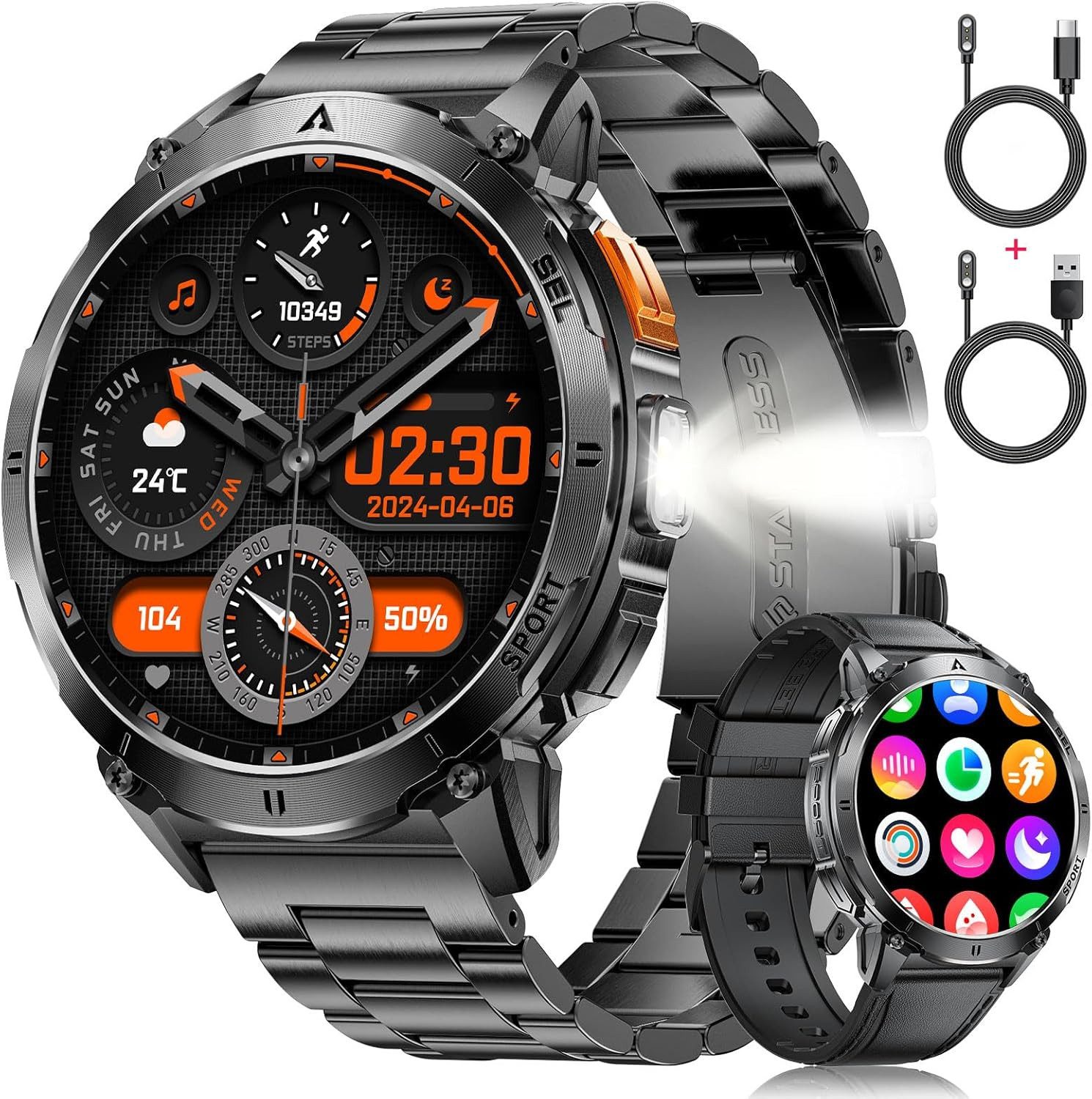 Lige EF14-H Smartwatch (4,1 cm, android ios), Herren-Smartwatch mit Militärstandard, LED-Licht, 2 Armbändern