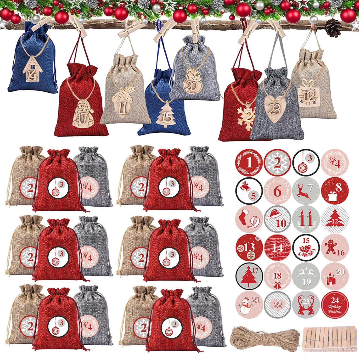 Coonoor befüllbarer Adventskalender 24 Adventskalenderbeutel, Weihnachtszugbeutel, Adventskalender Countdown Zugbeutel Geschenktasche