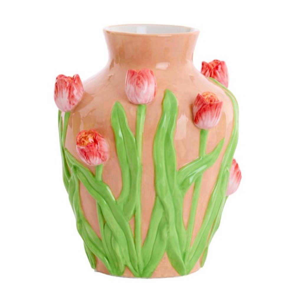 Dirk Davids Leuchten GmbH Dekovase Deko Vase Keramikvase Tulpen 3D-Relief – H 26cm / B 21,5cm – Pastell