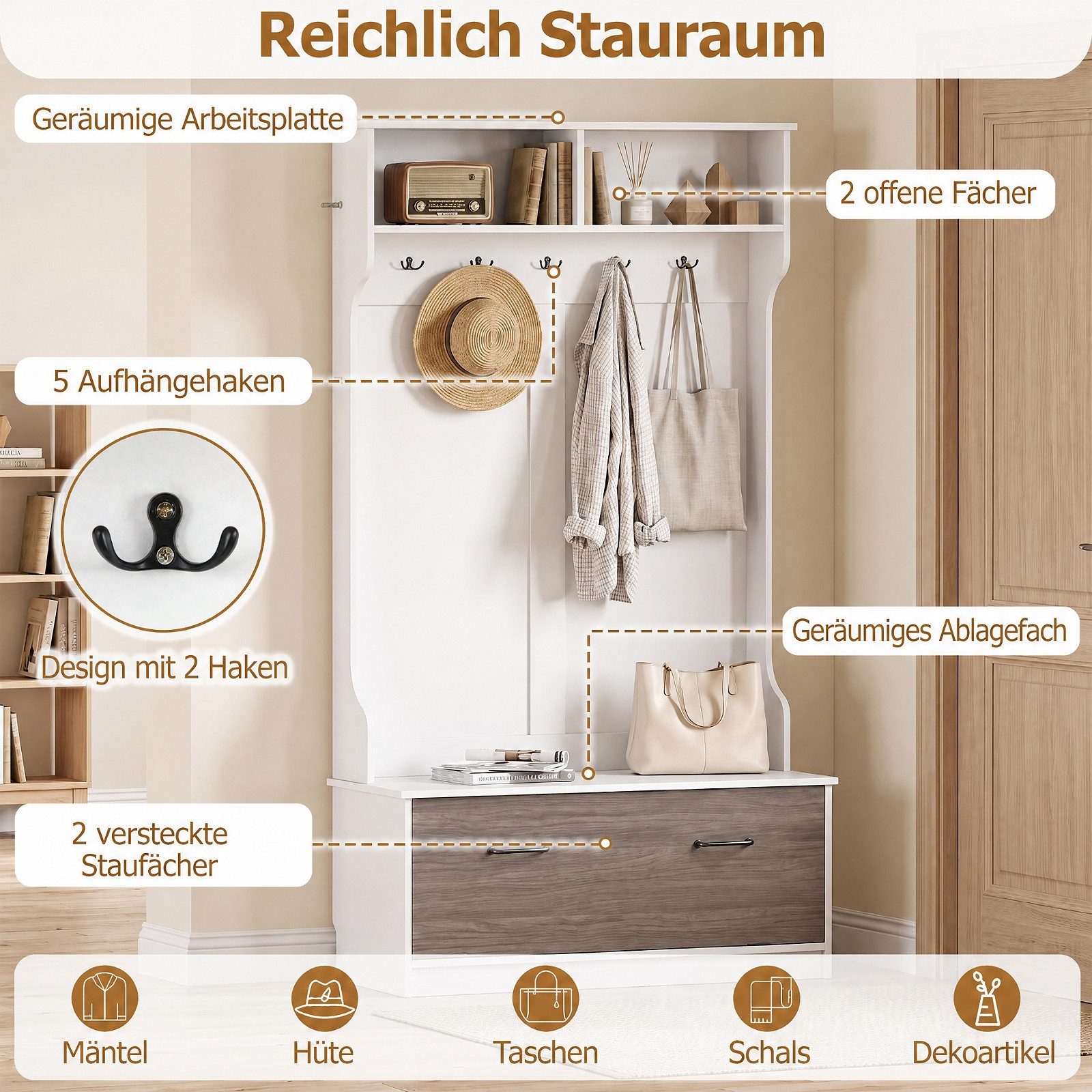COSTWAY Kleiderständer Garderobenständer Holz mit Schuhschrank, 5 Haken, 100x40x180cm