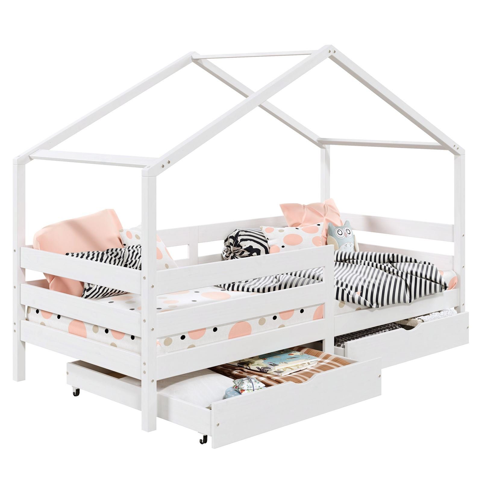 IDIMEX Kinderbett ENA, Hausbett Montessori 90 x 200 Kinderbett Rausfallschutz Kiefer Schublad