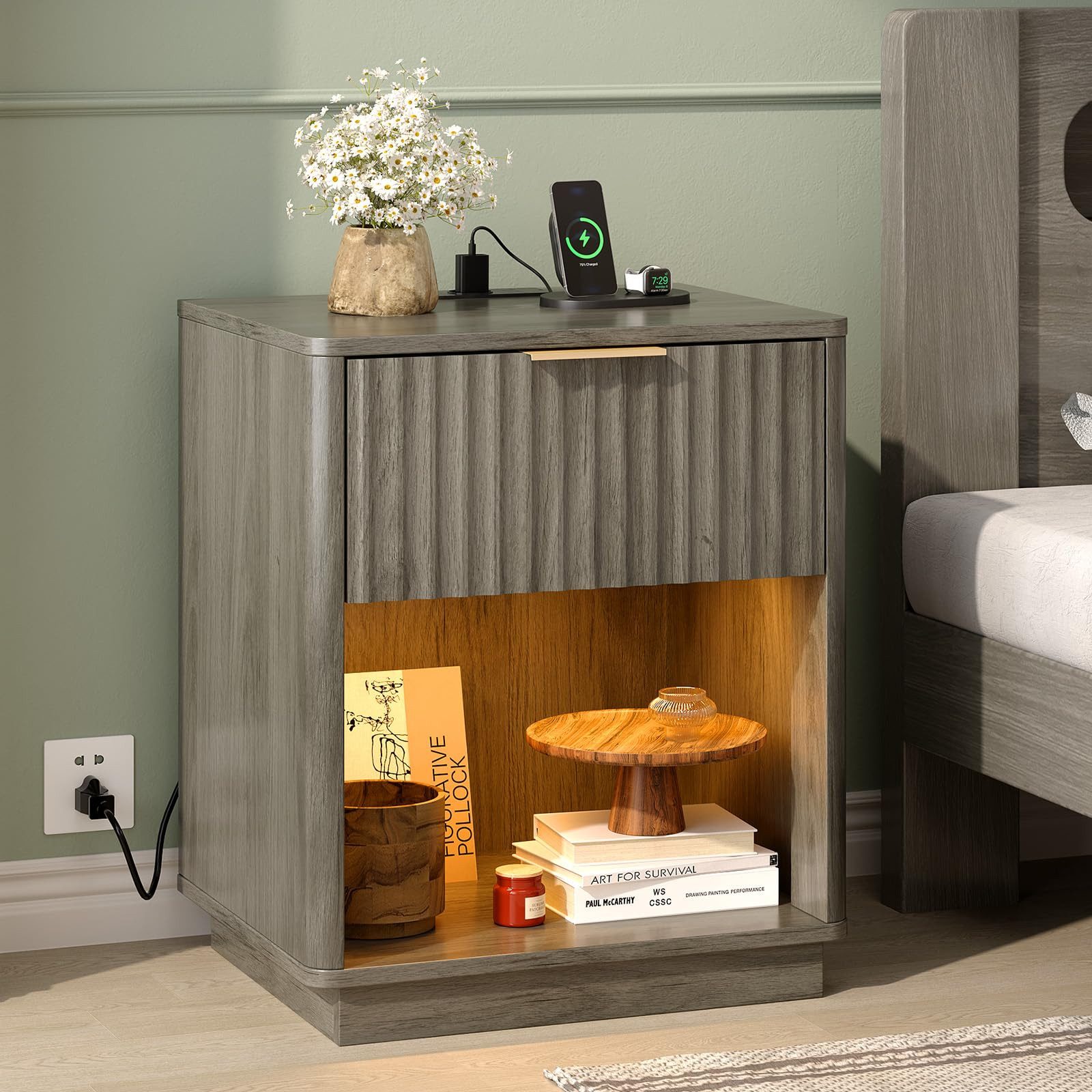 VINGLI Nachttisch mit Ladefunktion, Beistelltisch mit LED-Leuchten, Nachtsc günstig online kaufen