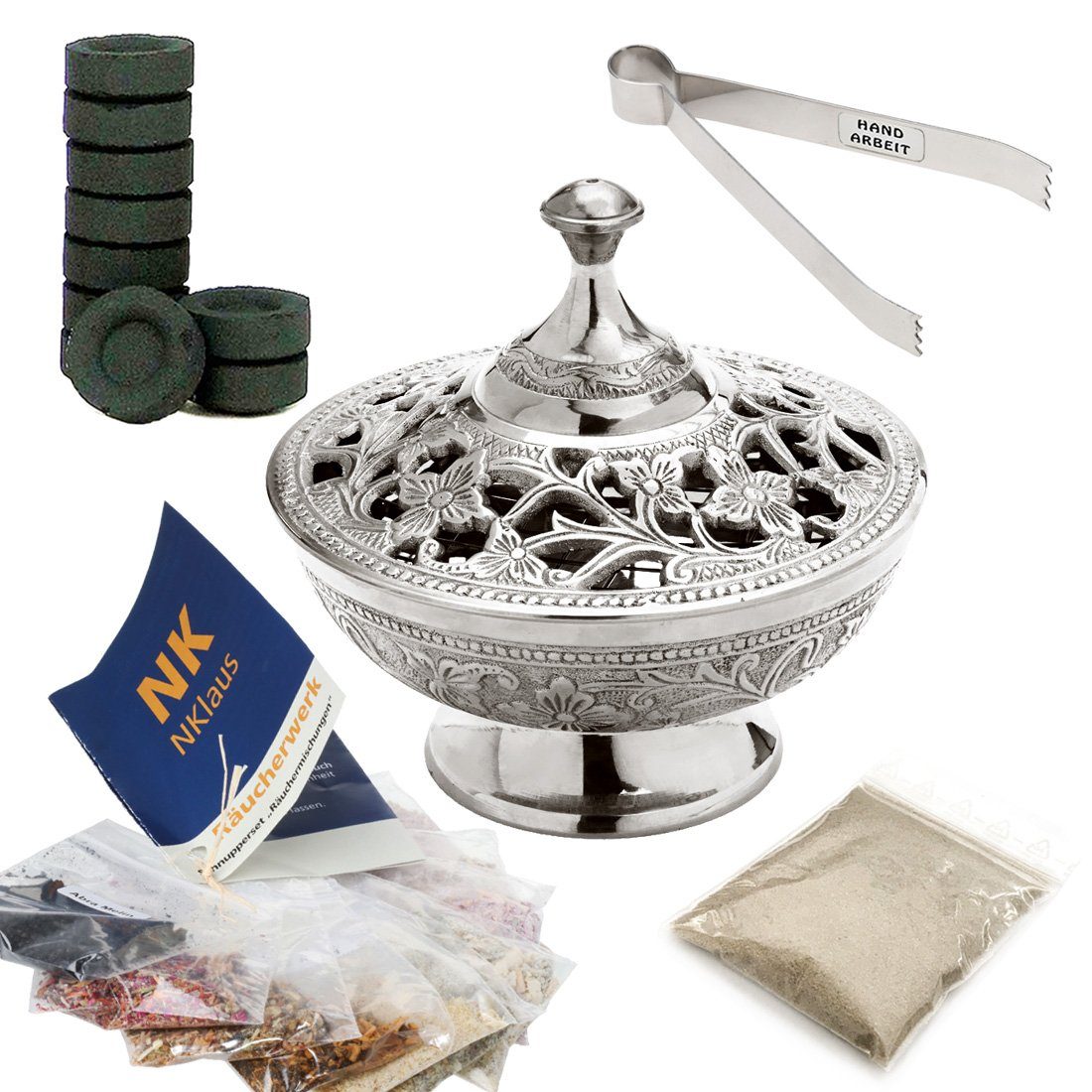 NKlaus Räucherschale 14tlg Set Räuchergefäß in Silber Kohlezange Räucherwerk Räuchersand Rä, Räucherstövchen