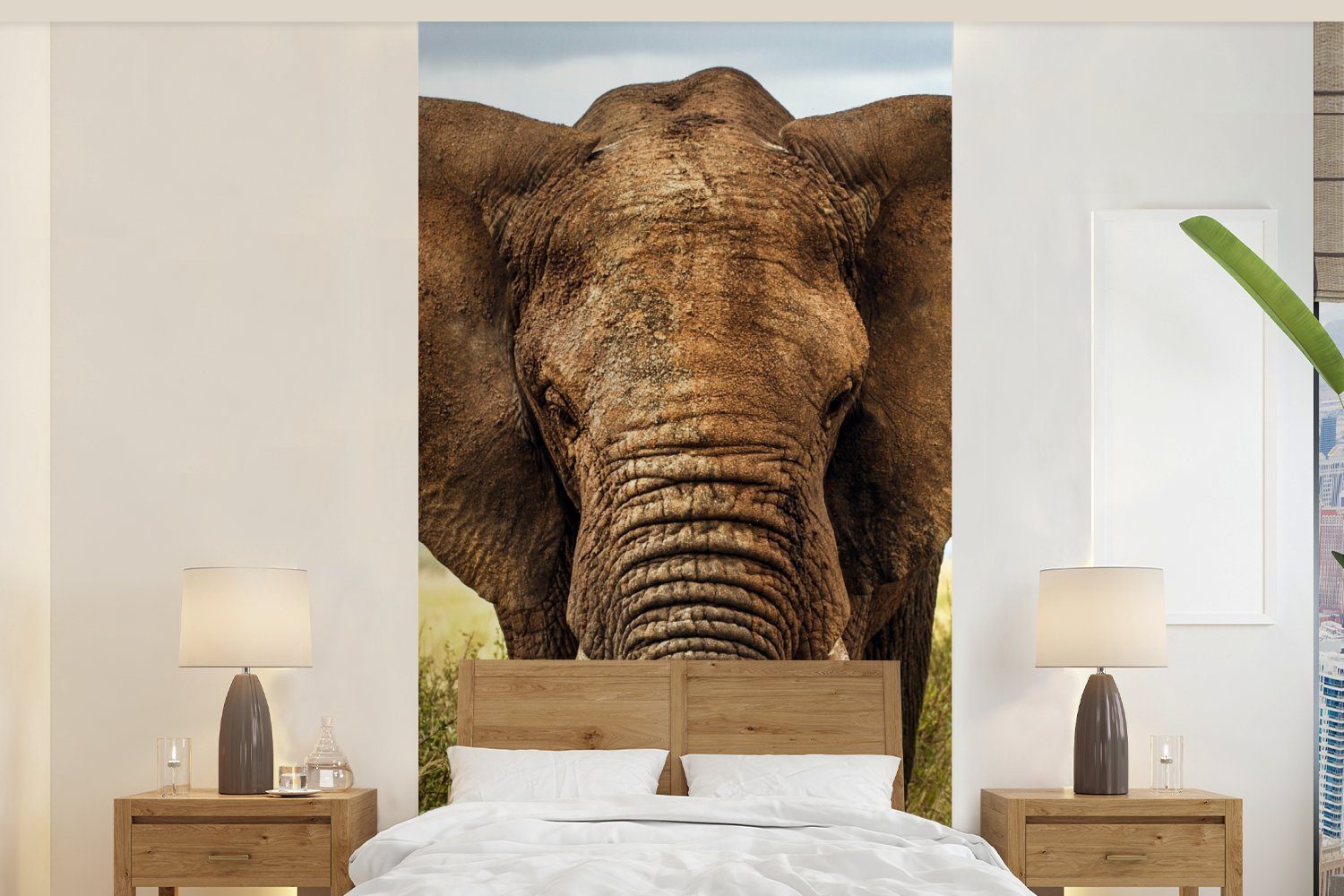 MuchoWow Fototapete Afrikanischer Elefant Vorderansicht, Matt, bedruckt, (2 St), Vliestapete für Wohnzimmer Schlafzimmer Küche, Fototapete