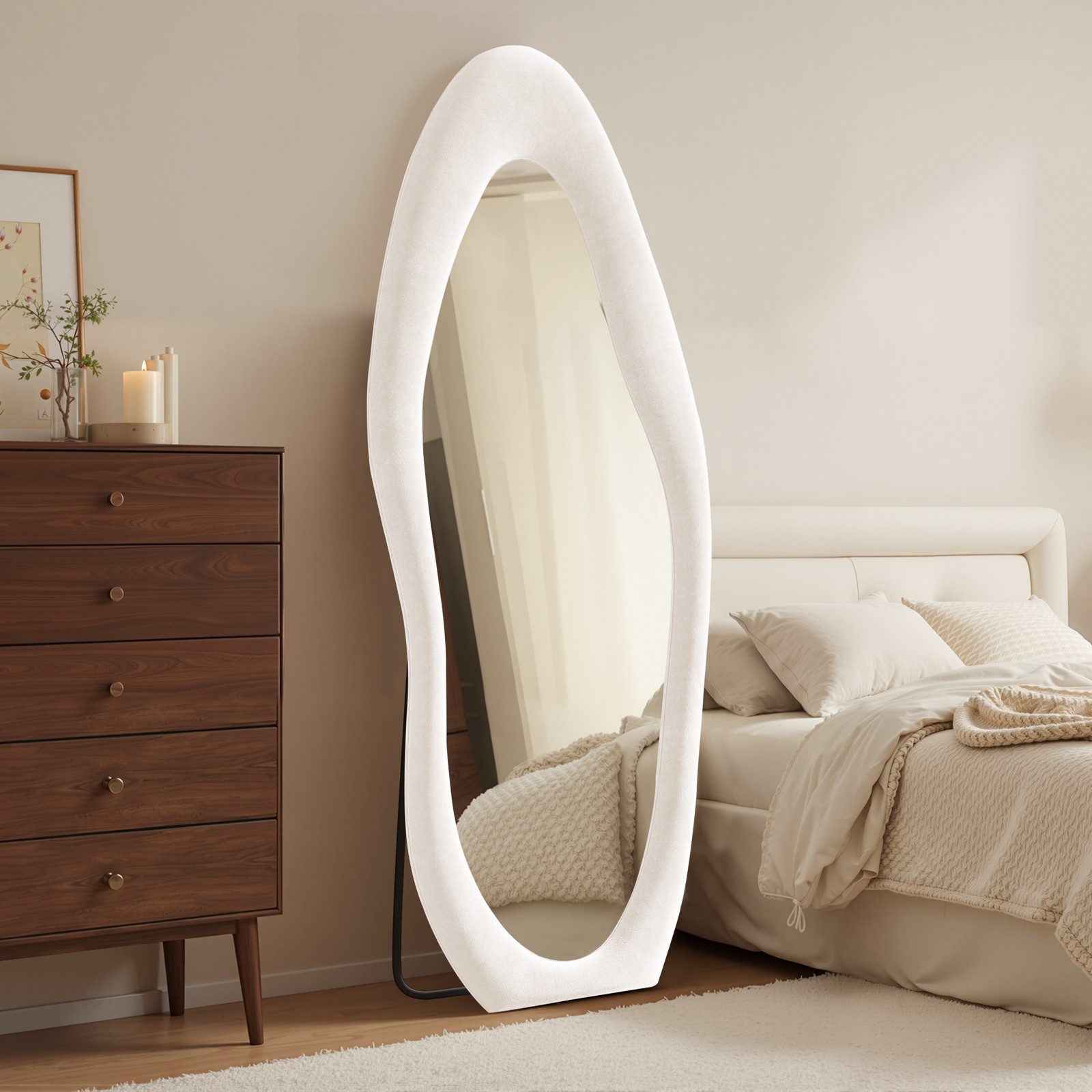 LUNAMIRROR Ganzkörperspiegel in organische Form, mit Samtbezug und Holzrahmen (1-St), stehend & hängend, 160x60 cm