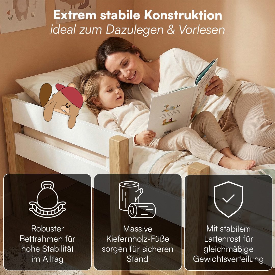 Bellabino Hochbett Aspy mit Rausfallschutz und Lattenrost 90x200 cm (natur / weiß, optional mit Matratze) verfügbar in verschiedenen Ausführungen