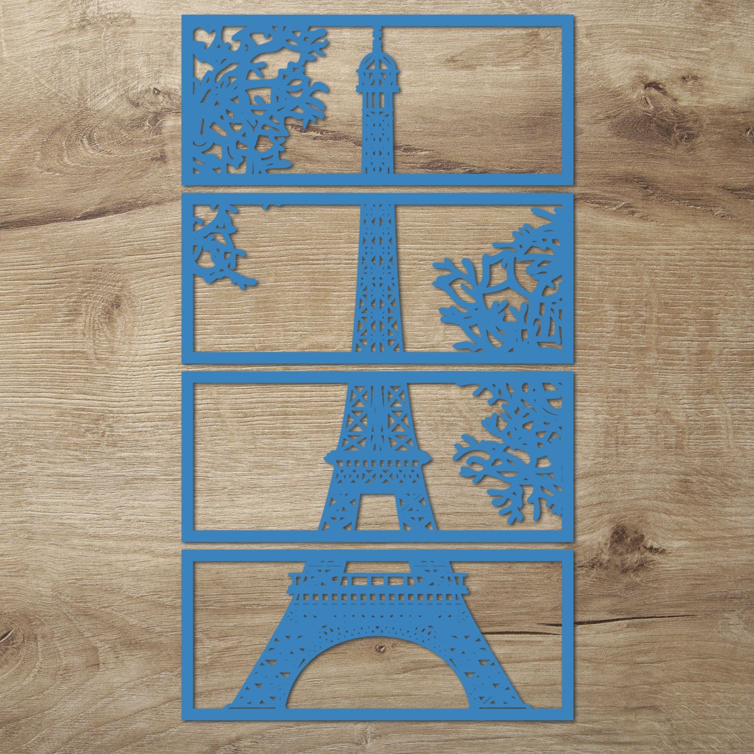 Namofactur Wanddekoobjekt XXL Eiffelturm Holz Wandbild Paris Wanddeko Wohnzimmer Schlafzimmer (6mm, 4-teilig), 3D-Wandtattoo Eiffelturm Paris gerahmt Wandgestaltung für dein Zuhause