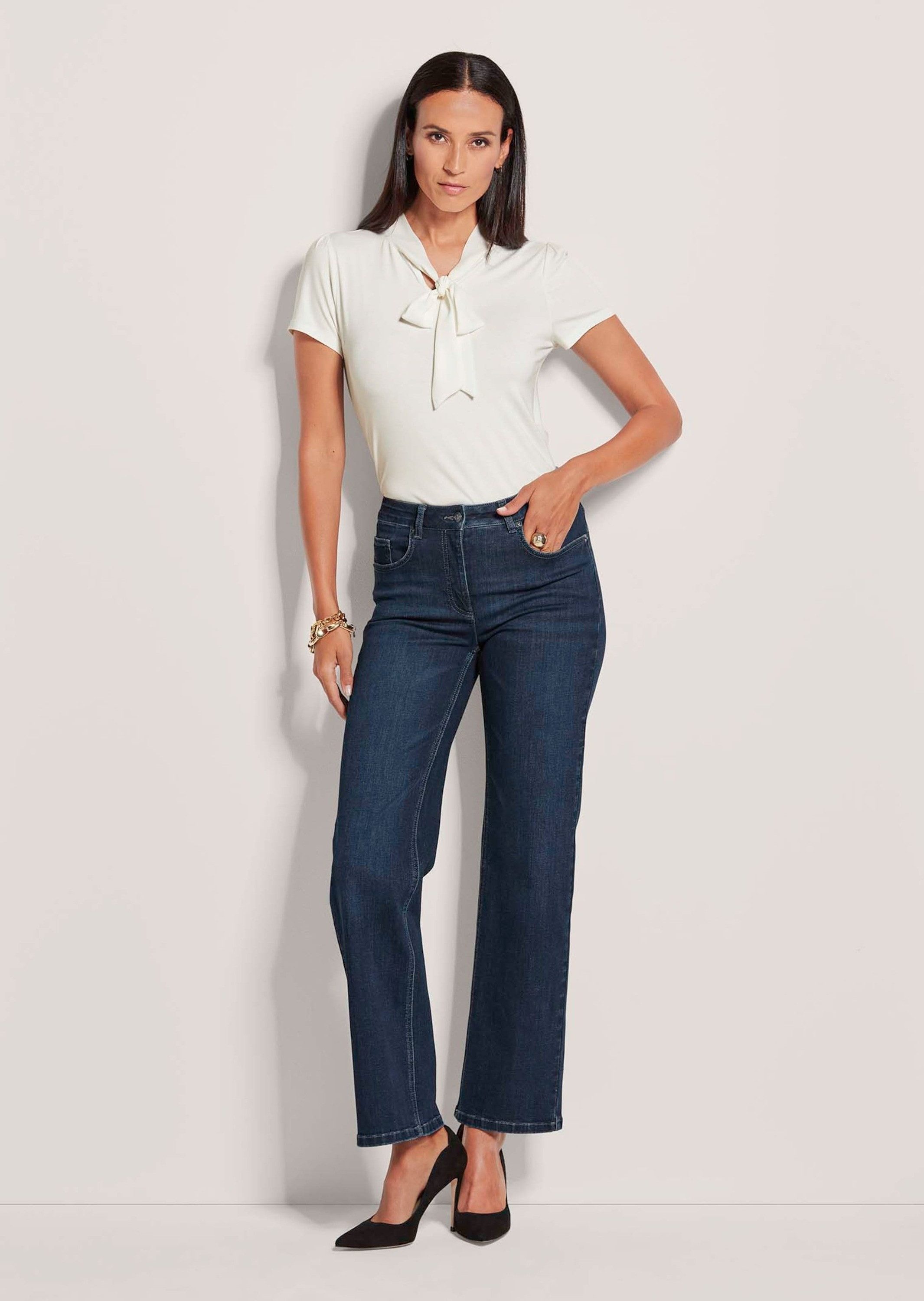 MADELEINE Gerade Jeans Schmale Jeans im Five-Pocket-Style Basichose mit Formbund, Gürtelschlaufen und Knöchellang