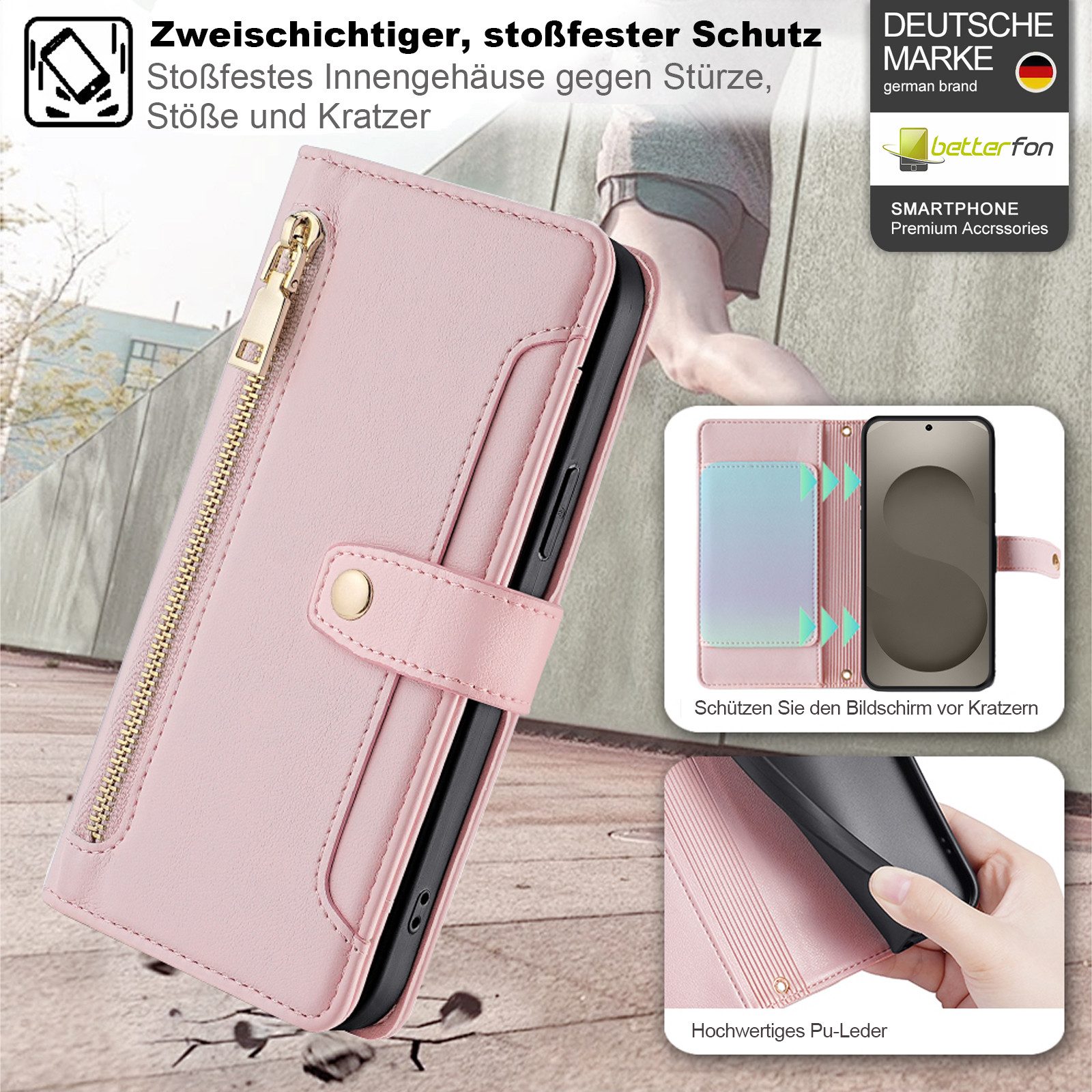 betterfon Handykette für Samsung Galaxy Leder Umhänge Hülle mit Kartenfächer, 5 Kartenfächer + verstellbare Kette & Standfunktion mit TPU-Schutz