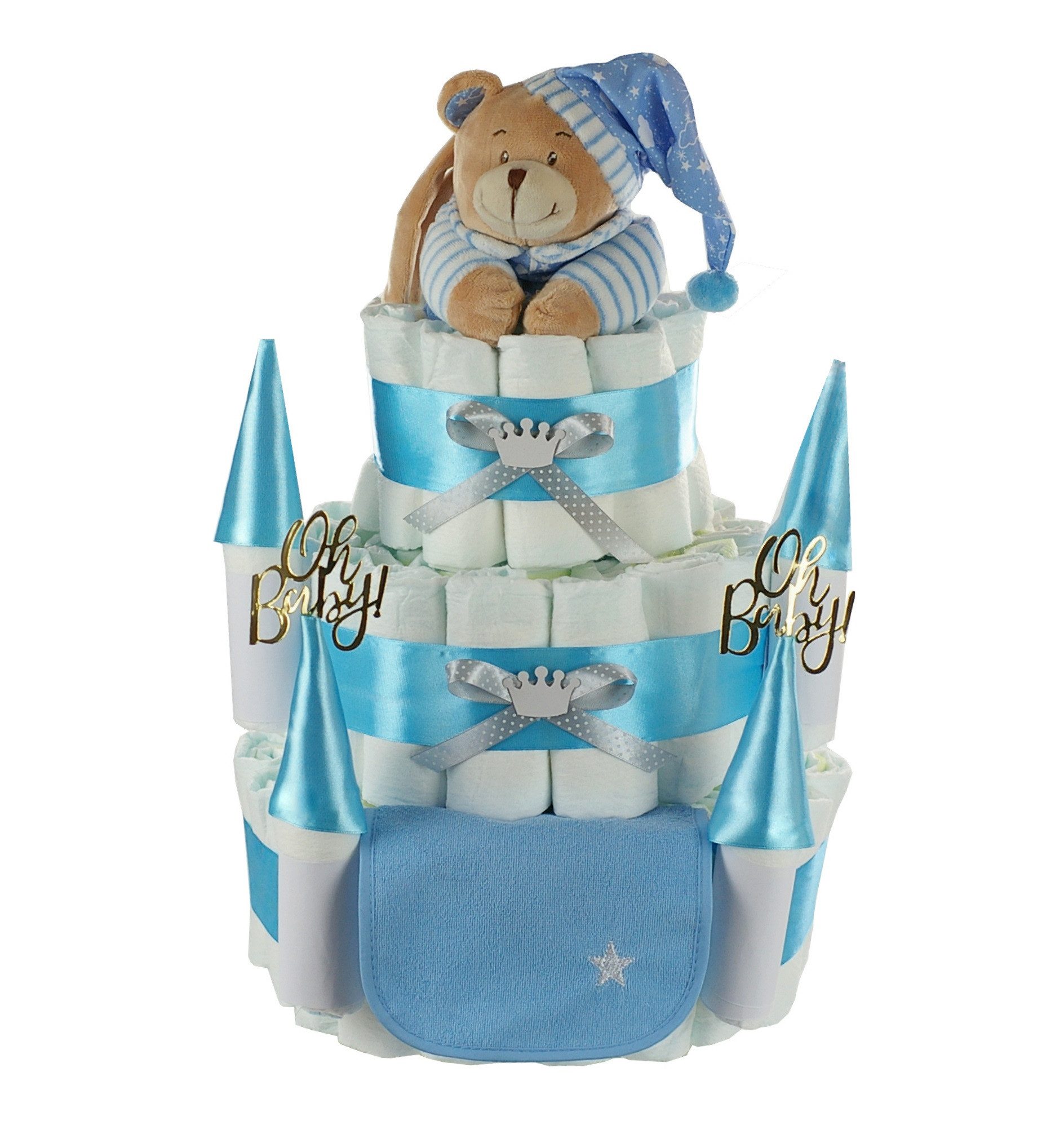Neugeborenen-Geschenkset Große Windeltorte Windelschloss, Musikspieluhr Bär blau