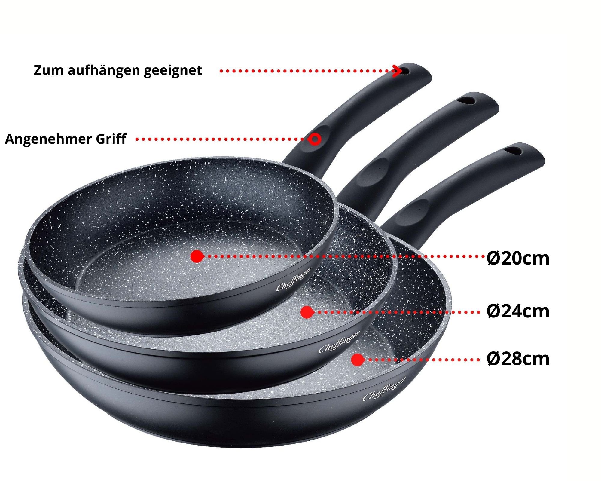 schwarz cm, Pfanne Cheffinger ø Induktions-Bratpfanne Set Induktion 24 (3-tlg) Pfannenset Antikratz Bratpfannen 20 28 Antihaft cm, ø Pfannen-Set 3er ø cm,