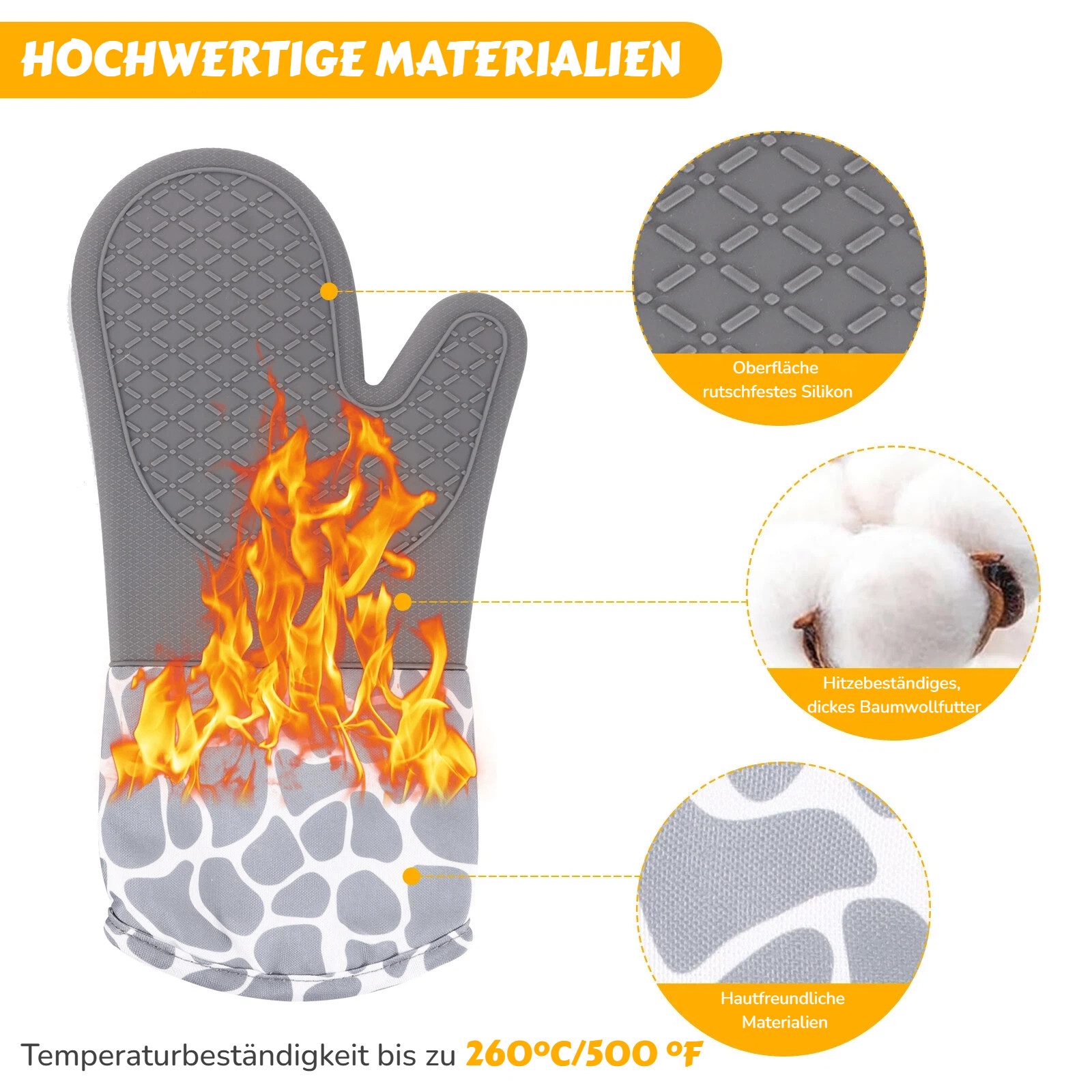 BlingBin Topfhandschuhe Ofenhandschuhe Topflappen Set, Anti-Rutsch Silikon Handschuh, (6er Set, 6-tlg., Hitzebeständigkeit: 500 °F = 260 °C), Hitzebeständig bis 260°C Handschuhe zum Kochen, Backen und Grillen