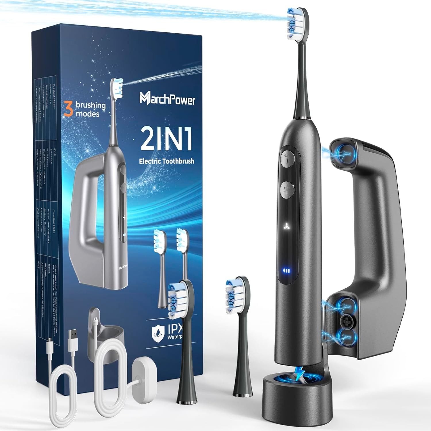 Quntis Elektrische Zahnbürste 3-in-1 Sonic Electric Zahnbürste mit Wasserflosser 46° Sweep-Vibration, 3 Putzmodi + 4 Bewässerungsmodi, 2 Aufsteckbürsten, IPX7, tragbar